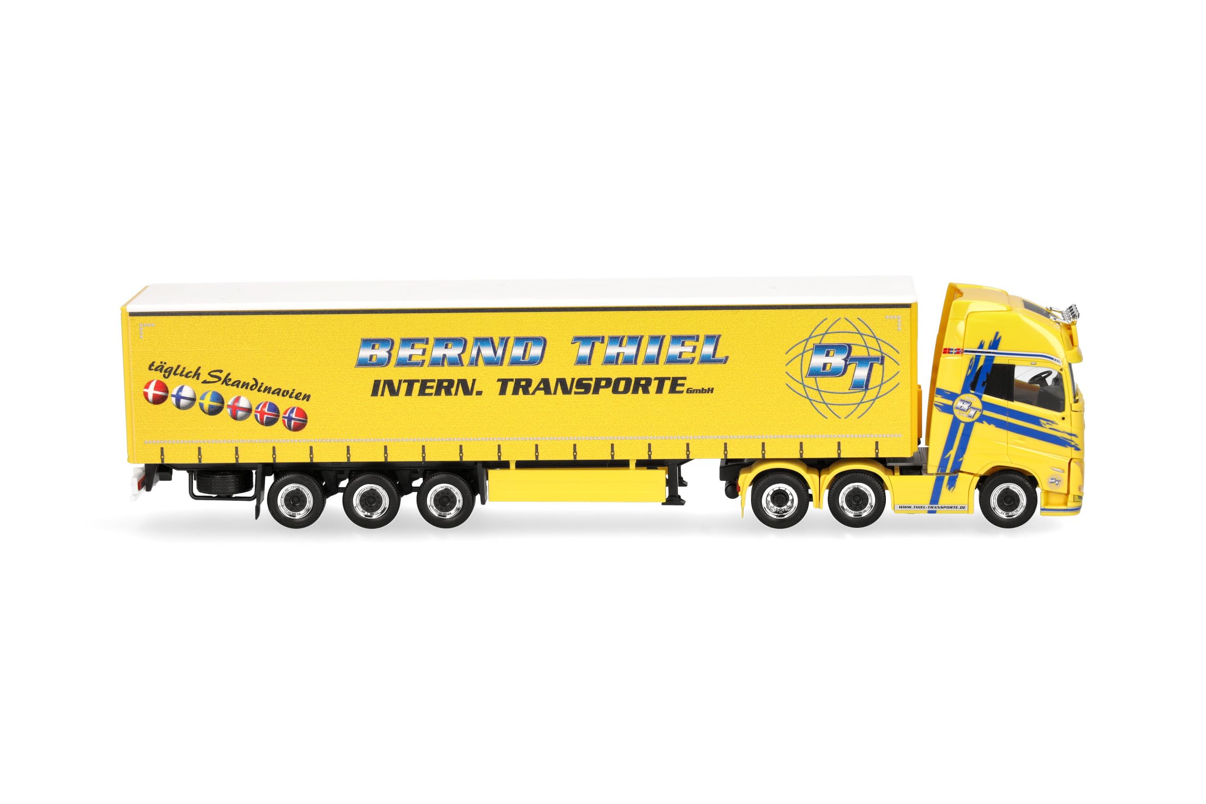 Herpa model ciężarówki Volvo FH GL XL 2020 6x2 naczepa plandekowa „Bernd Thiel Transporte”, miniatura w skali 1:87, model kolekcjonerski, Made in Germany, tworzywo sztuczne