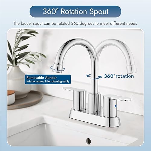 Miniatura 2 de Grifo de baño de 4 pulgadas, grifo de lavabo de baño de doble manija, grifo de baño cromado pulido, boquilla giratoria de 360 grados, montaje en