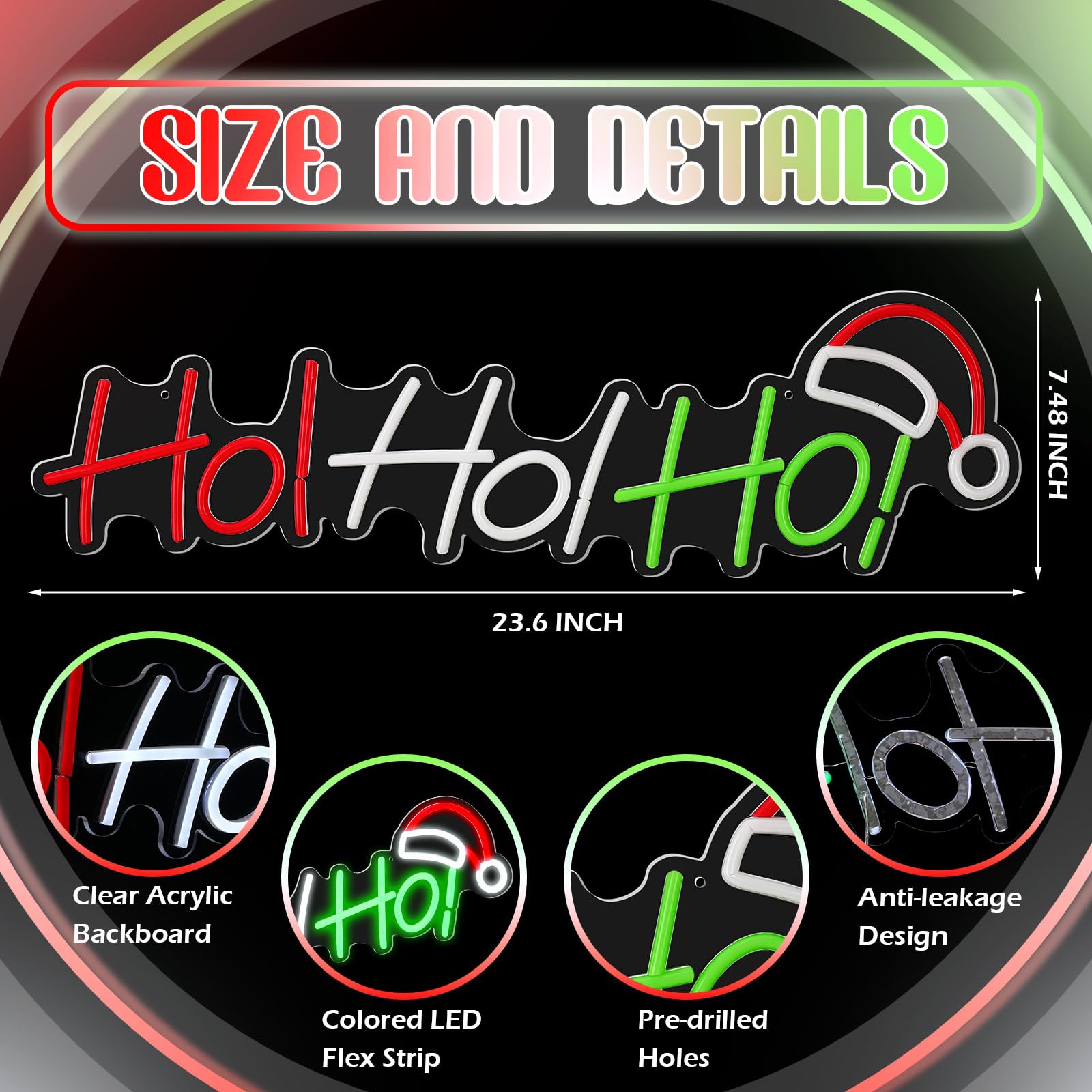 Glooglitter Hoho - Insegna al neon natalizia grande, con luce a LED, con scritta "Merry Christmas", per finestre, decorazioni natalizie per feste di Natale, camera da letto