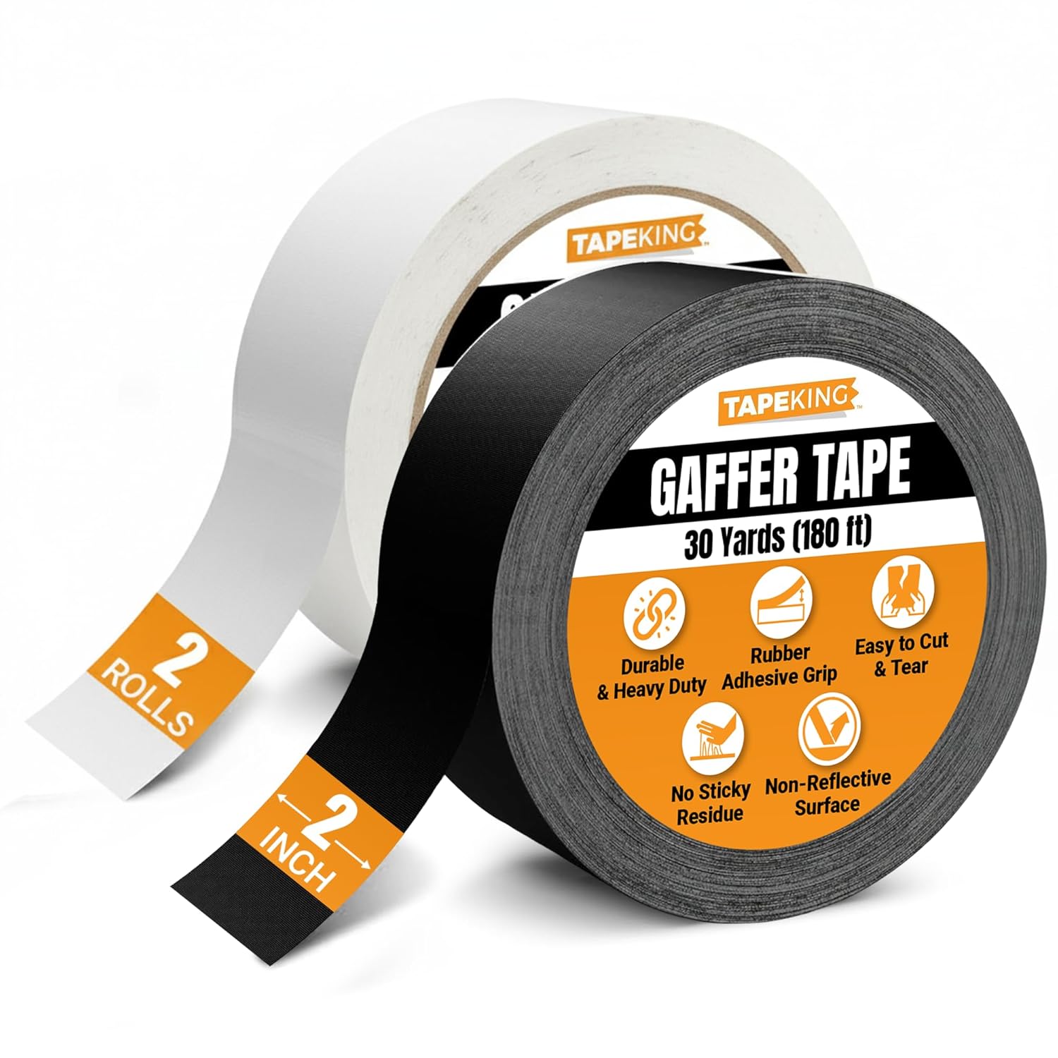 Tape King Gaffers Tape (Black) | 2 Inch Wide x 30 Yards Per Roll (180 Ft) Pro Gaff Tape | Durable Cloth Matte Black Tape with Strong Rubber Adhesive for Events, Cables, and Decorations (2 Pcs)