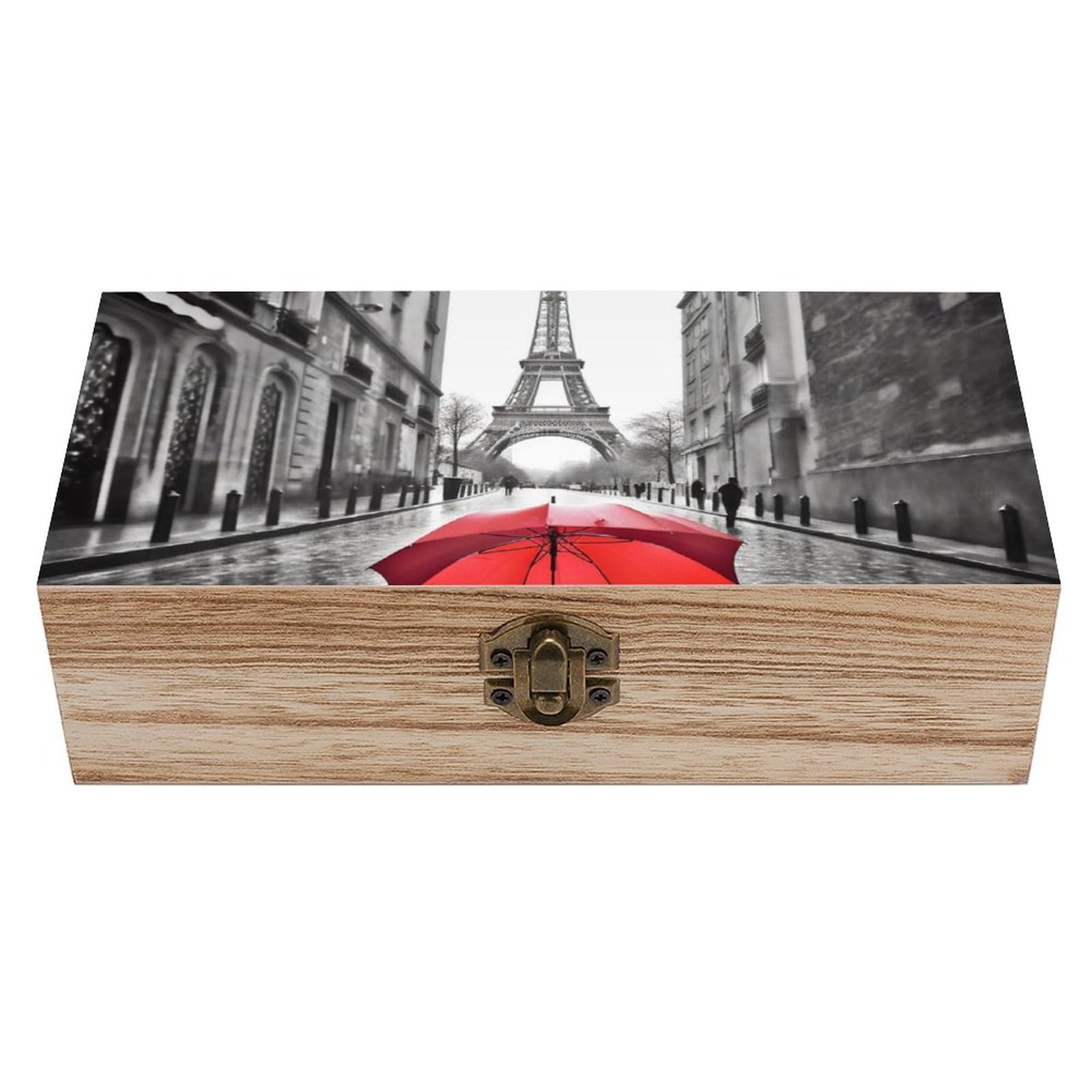 Eiffel Tower Paris Red Umbrella Wooden Storage Box with Lid And Front Clasp Large Office Desk Organizer Wooden Storage Bins Keepsake Box Memory Box Jewelry Box Gift Box for Home Office Desk Decor
