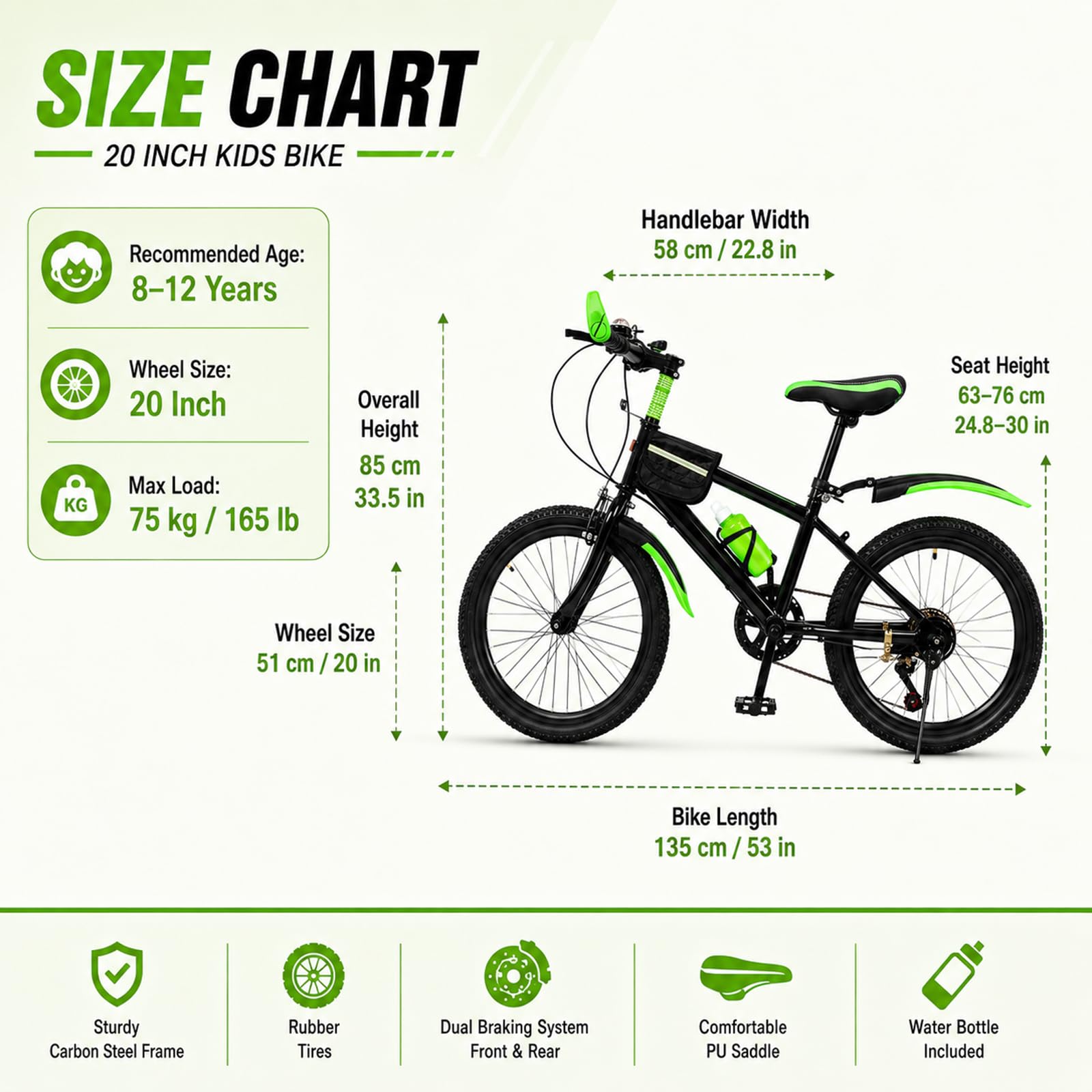 Vélo pour enfant de 20 pouces, VTT, vélo avec garde-boue, bouteille d'eau et clochette, cadre robuste en acier au carbone, pour garçons et filles de 8 à 12 ans, pour