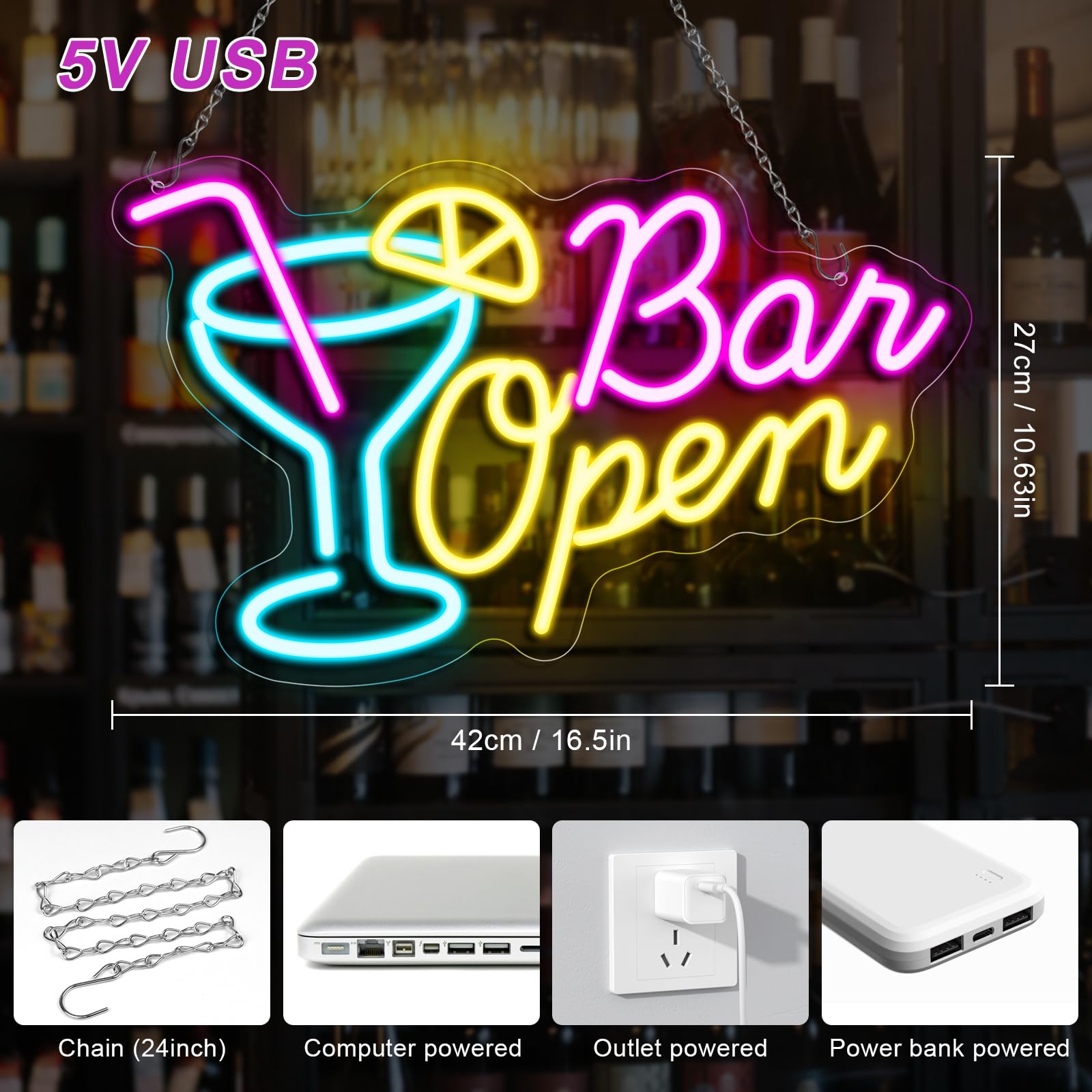 inShareplus Cocktail Neon Bar Sign, Dimmable Bar Open Sign for Wall Decor USB Powered LED Neon Light for Pub Club, Party - Image 4