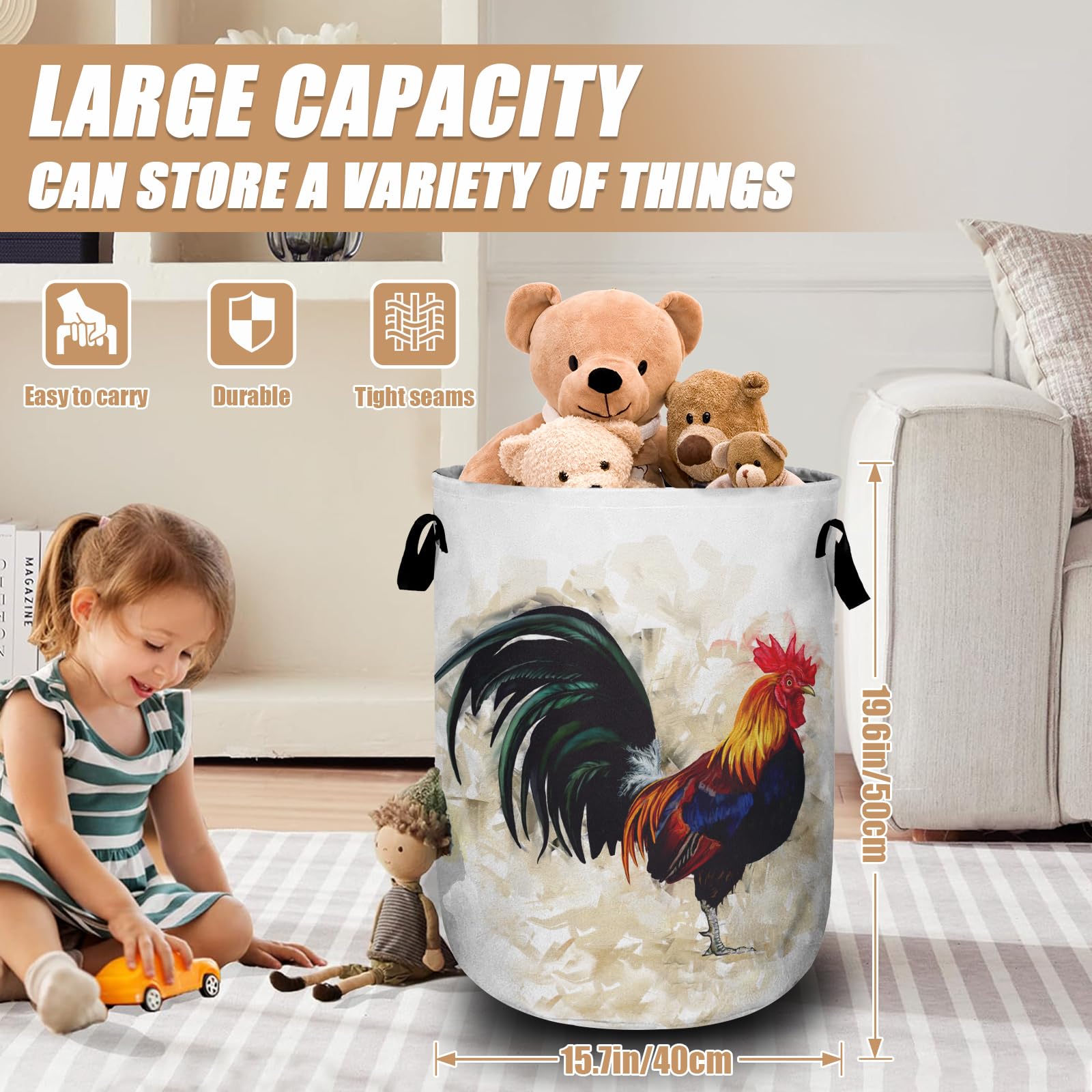 Vintage Rooster Laundry Basket,Farm Chicken Laundry Hamper Tote Bag Dirty Clothes Storage Bucket Toy Organizer for Bathroom/Laundry/Bedroom 15.7