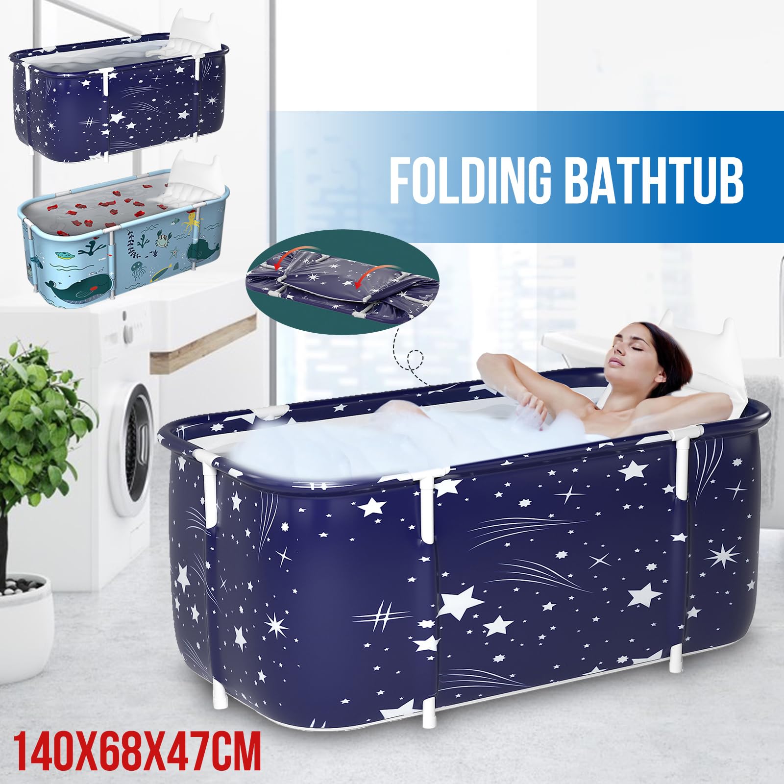 Baignoire Pliable Adulte, Grand Antidérapant Baignoires Portable Mobile pour Douche, Pliante SPA Baignoire pour Petite Salle de Bain, Trempage Autoportante Baignoire, 132x68x47cm (Bleu)