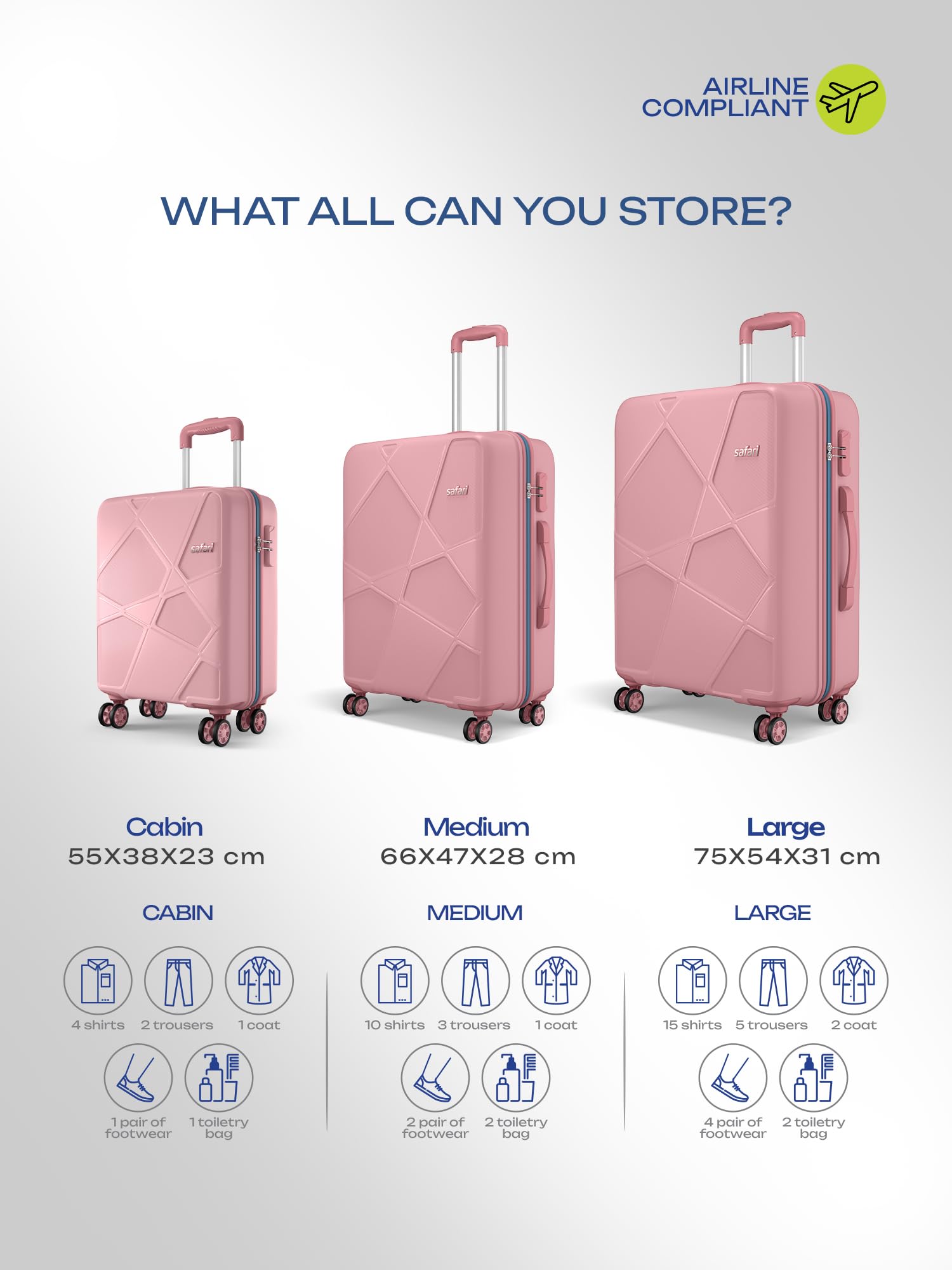 Safari Pentagon Pro 8 Wheels Set of 3 Trolley Bag, Hard Case Polypropylene, 360º Wheeling Small Check in Luggage, Suitcase for Travel, Trolley Bags for Travel, Rose Gold — Amazon image 6