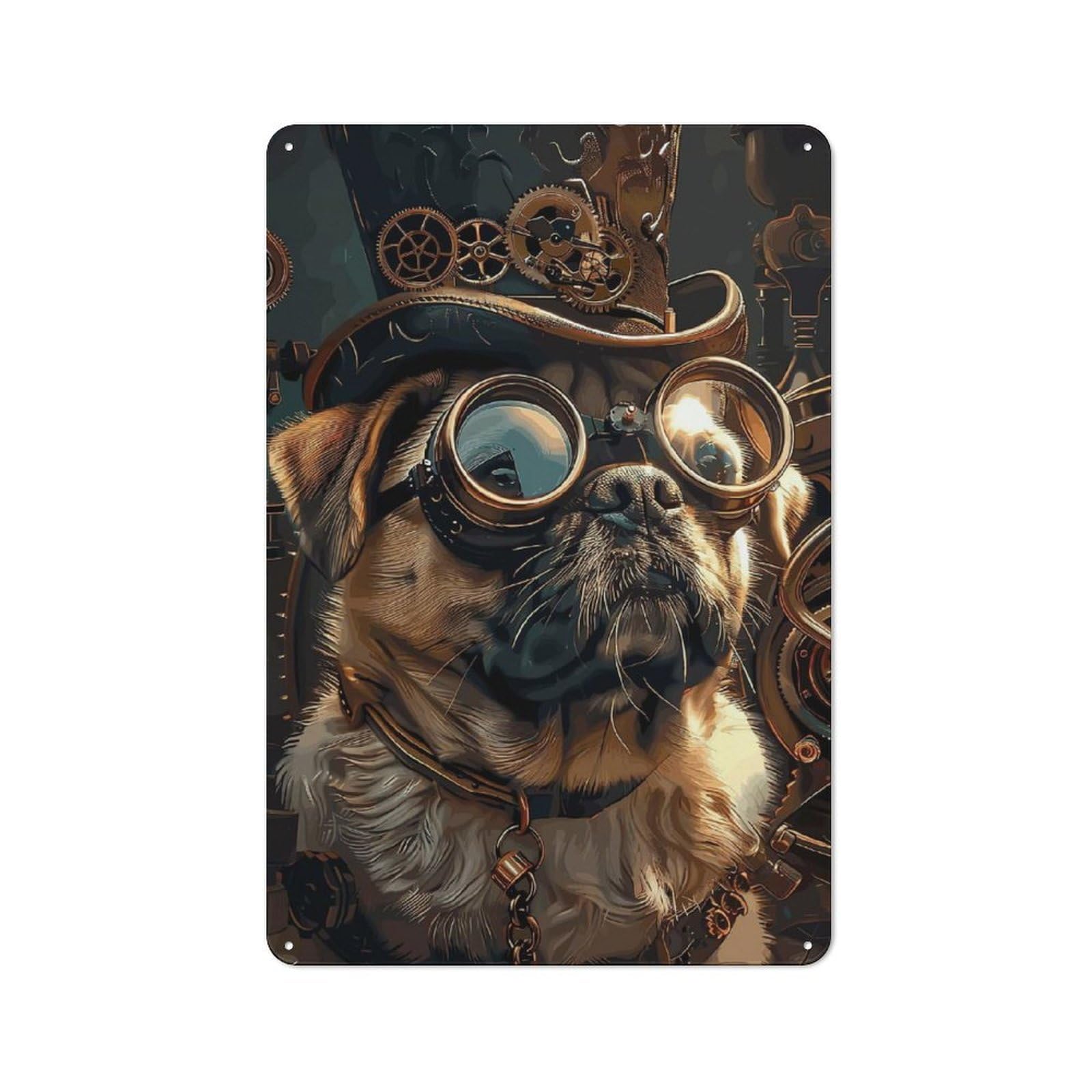 Junmoney Steampunk Pug Dog Metal Plaque 30X20cm With For Pub Or Café, Rustic Decor, For Pub Decor Enthusiasts