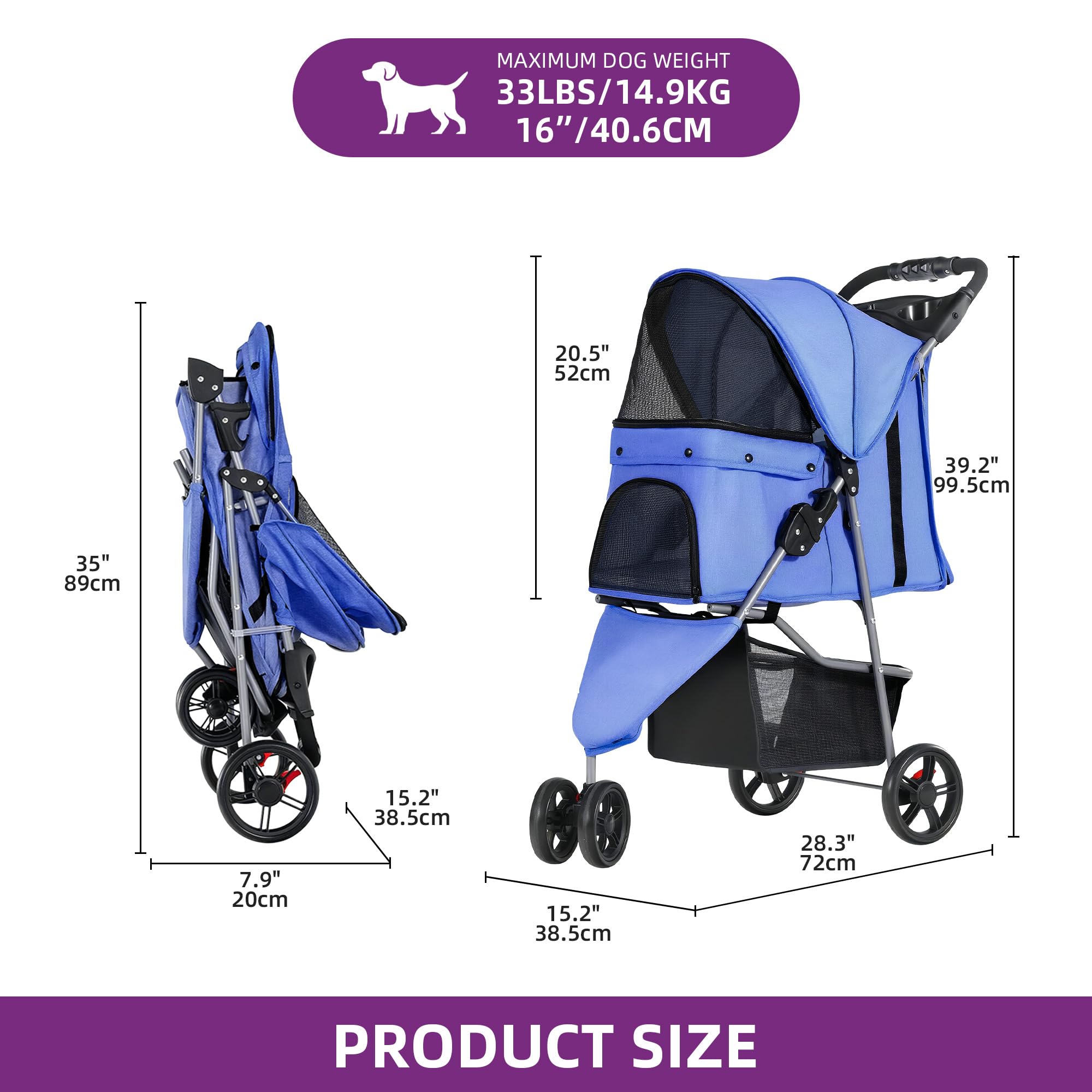 YITAHOME 15 kg faltbarer Hundewagen, Katzenbuggy mit 3 Rädern, Netzfenstern, Getränkehalter und Bremsen, geeignet für Haustiere unter mittlerer Größe Jeansblau