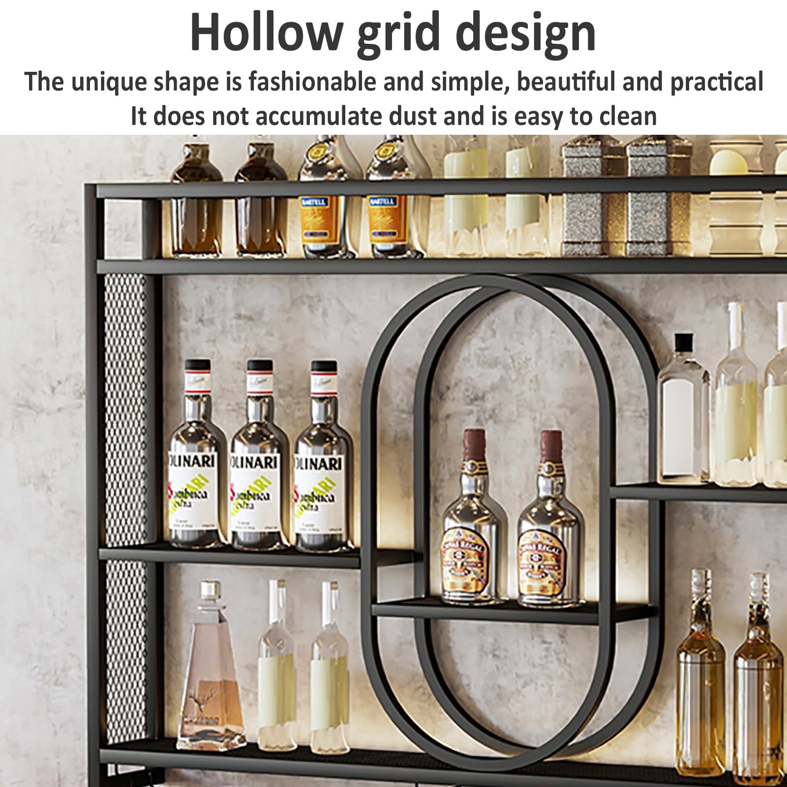Estante de vino montado en la pared con luz LED, estantes flotantes de 3 niveles para exhibición de botellas de licor y soporte para copas de vino, almacenamiento elegante para bar en casa