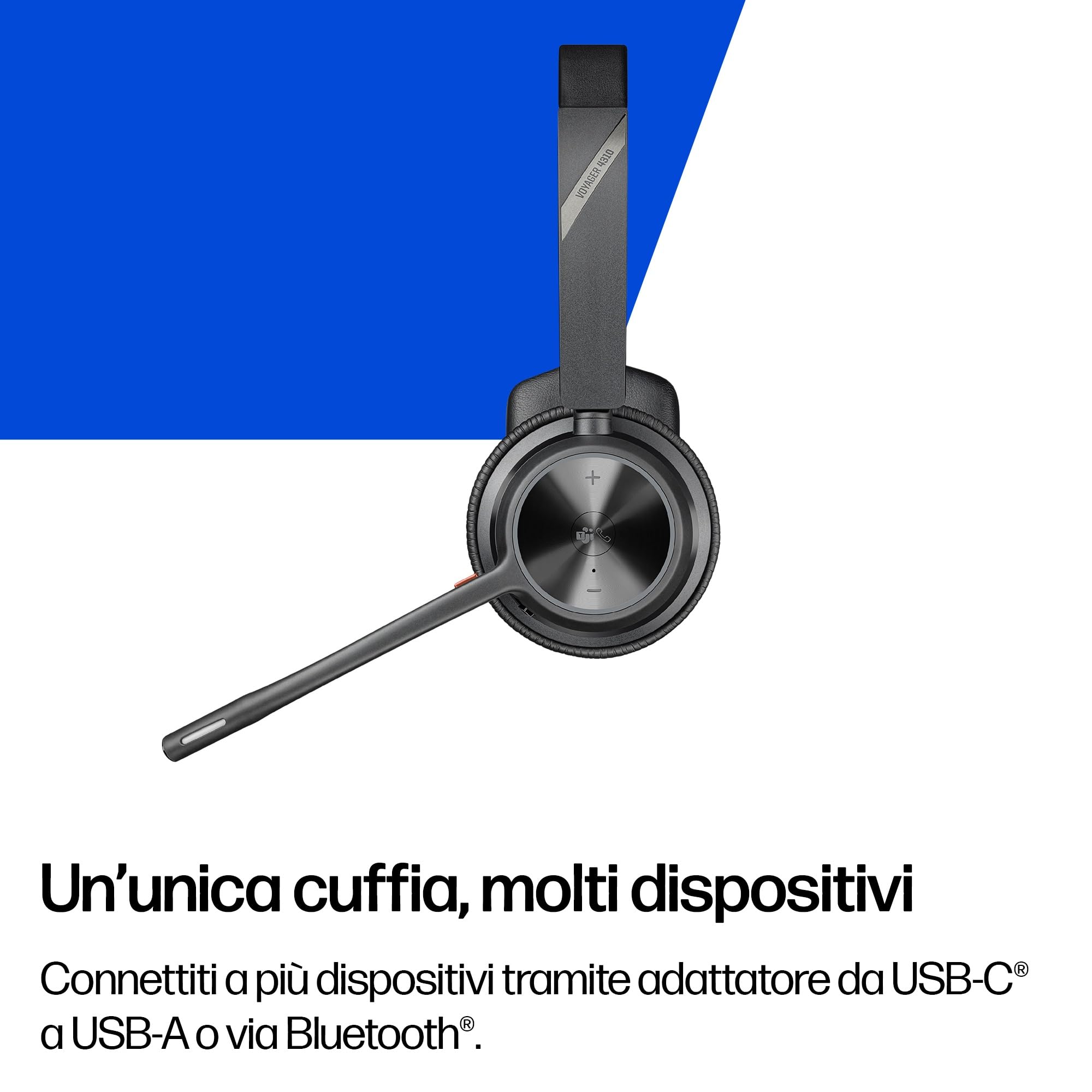 Poly Voyager 4310 UC, Cuffia Monoaurale Senza Filo, Connessione Bluetooth e Dongle USB-C BT700, Cuscinetto in Similpelle, Autonomia 24 Ore, Base per Ricarica, Compatibile con Windows 10 e macOS, Nero