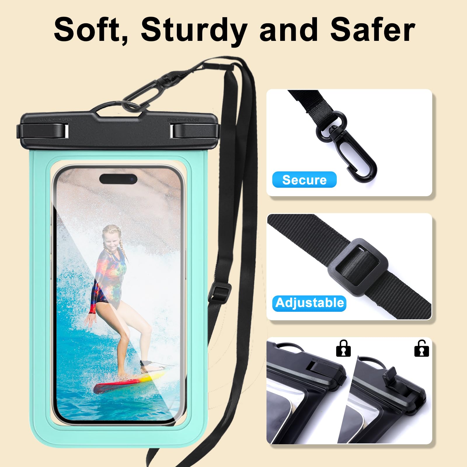 Funda impermeable para teléfono, funda impermeable para teléfono con cordón ajustable, artículos esenciales para deportes acuáticos de playa, IPX8, bolsas secas universales a prueba de agua para