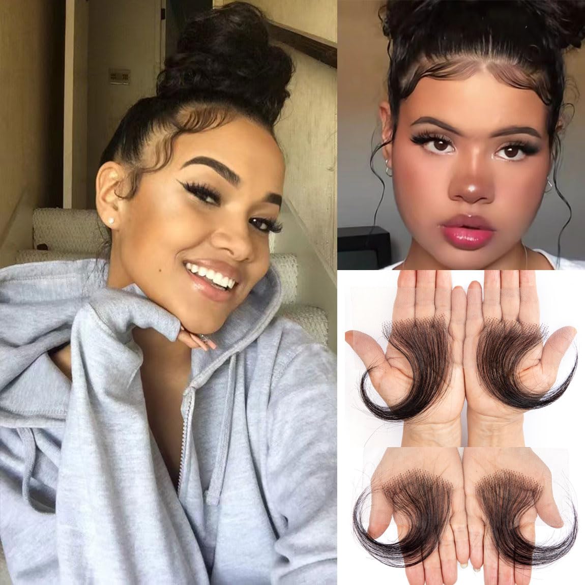 Edges Hair HD Lace Baby Hair for Women Reusable invisible Swiss Lace Hairline Natural Black Handmade Real Human Hair Pieces (2 PCS V)