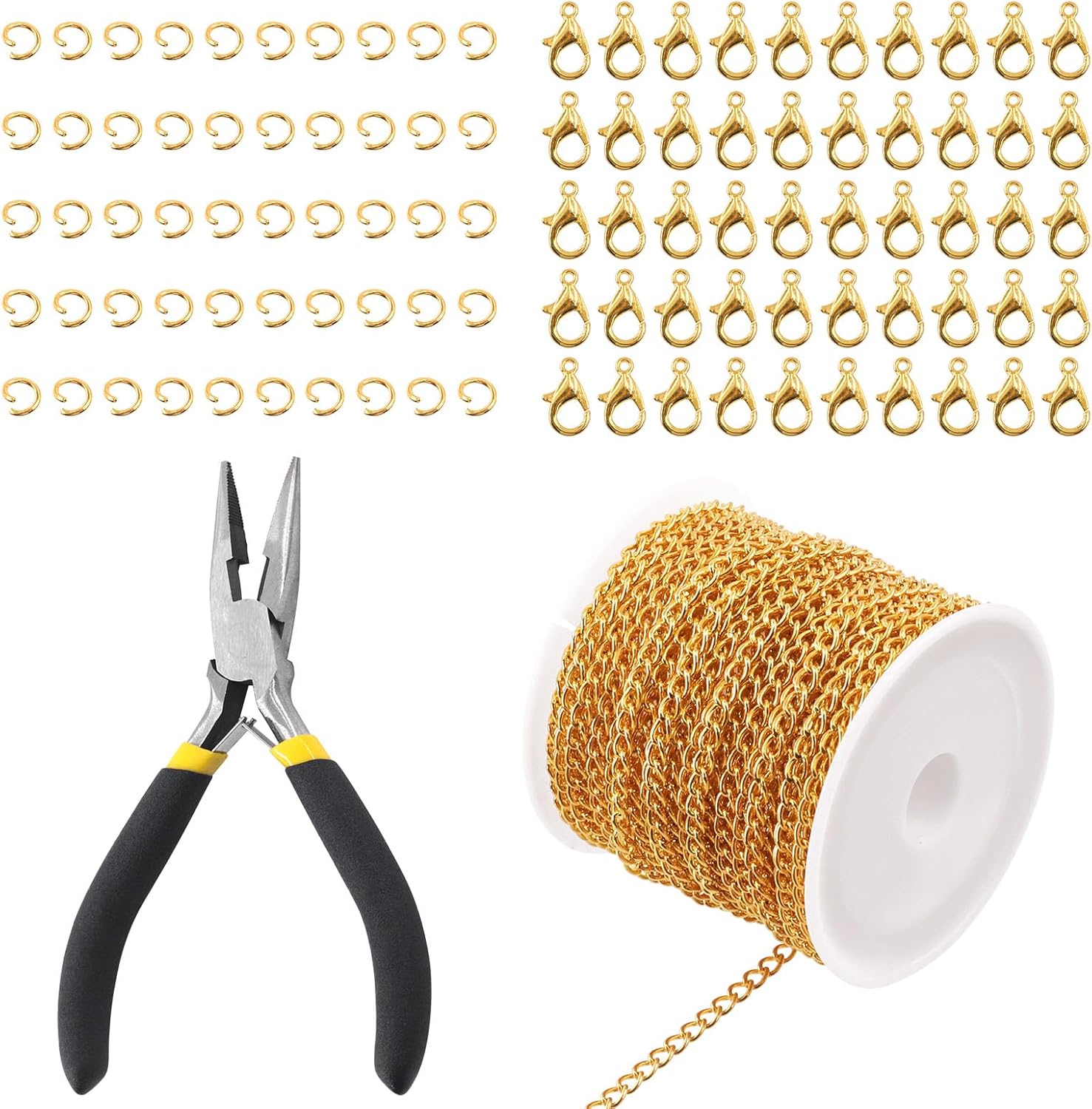 Rustark 102Pcs 4mm 30 Feet Gold Jewelry Making Chains Kit Thin Necklace Bracelet Chain Twisted Links Curb Chain with Jump Rings Lobster Clasps and Pliers for Bracelet Necklace Jewelry Making