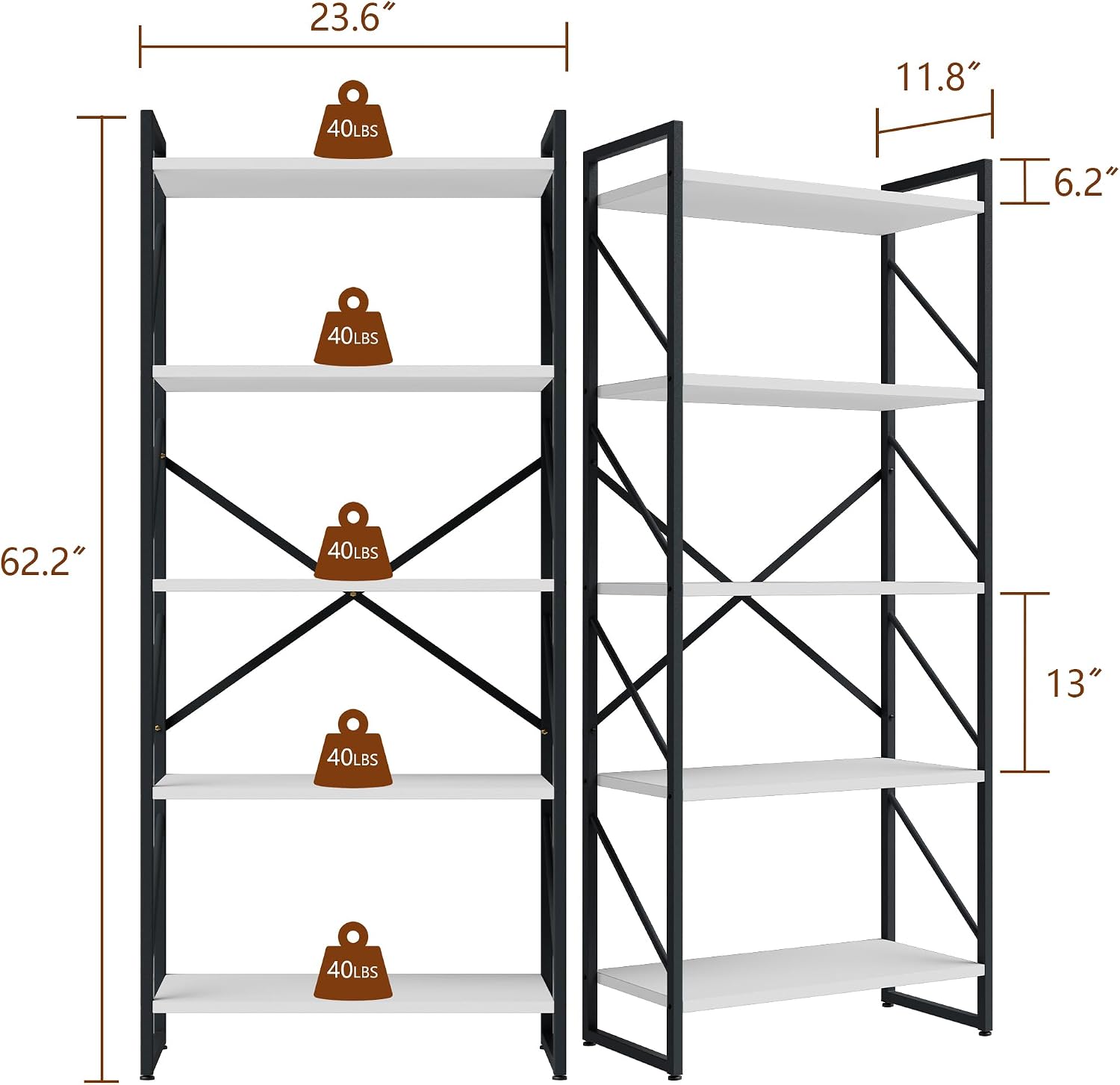 Shintenchi 5 Tiers Bookshelf, Classically Tall Bookcase Shelf,Industrial Book Rack,Modern Book Holder in Bedroom/Living Room/Office, Storage Rack Shelves for Books/Movies,11.8" Dx23.6 Wx62.2 H,White