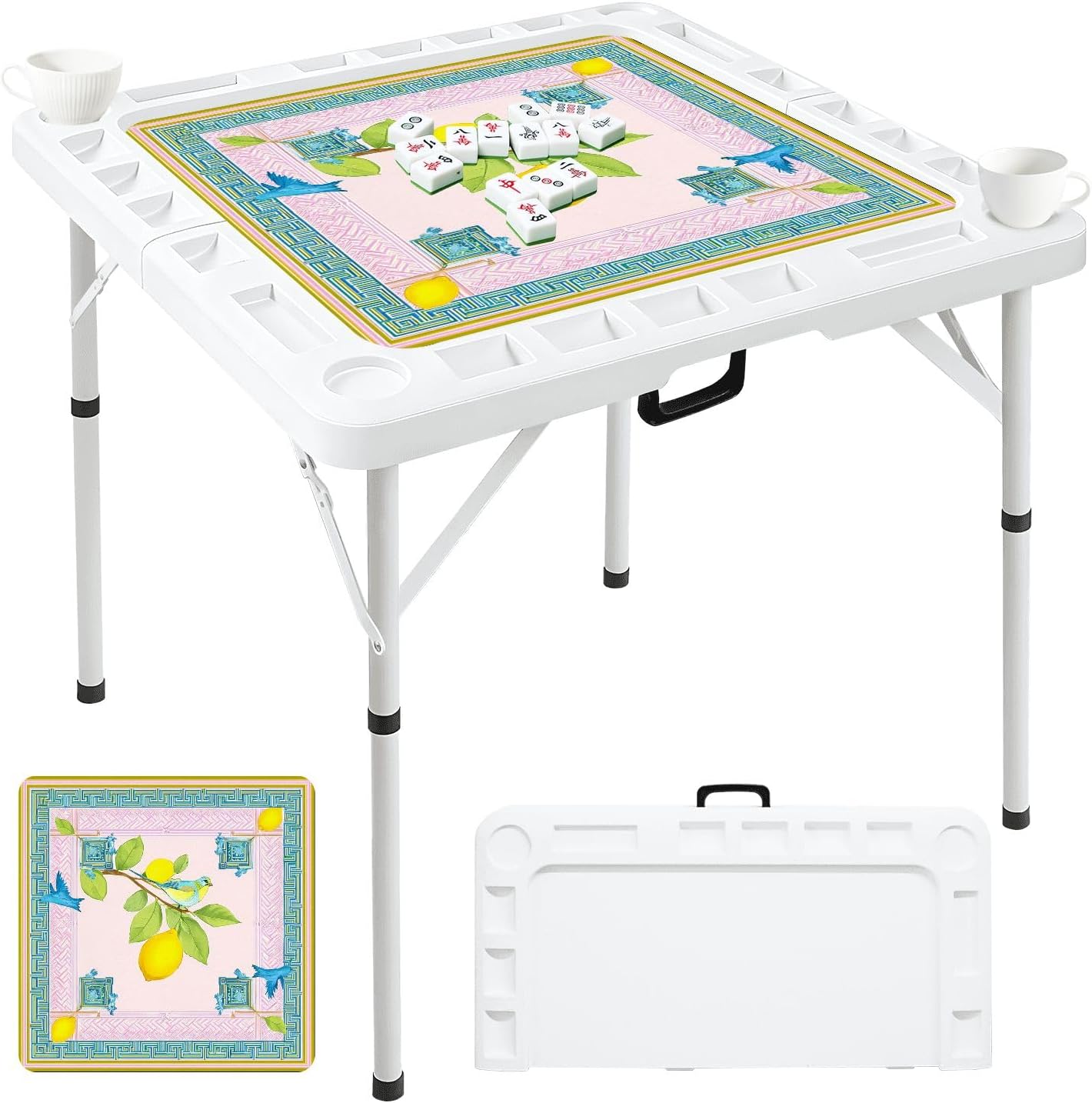 Folding Mahjong Table with Lemon Bird Botanical Ornate Geometric Frame Pastel Colors Wear-Resistant Mahjong Mat, 4 Cup Holders & Chip Trays for 4 Players Square Portable Card Table for Poker Domino