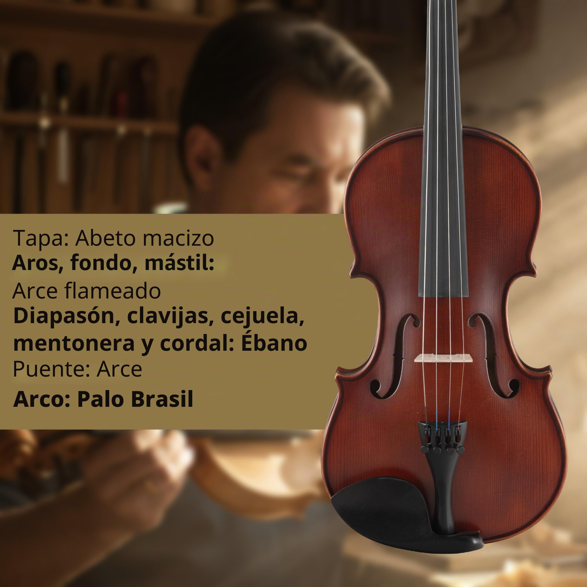Classic Cantabile Brioso Set De Violín 4/4, Tapa tallada de pícea maciza | Fondo y aros de arce flameado, Diapasón, clavijas, cordal, cejuela y mentonera de ébano, Puente: arce, Longitud: 59, 5 cm