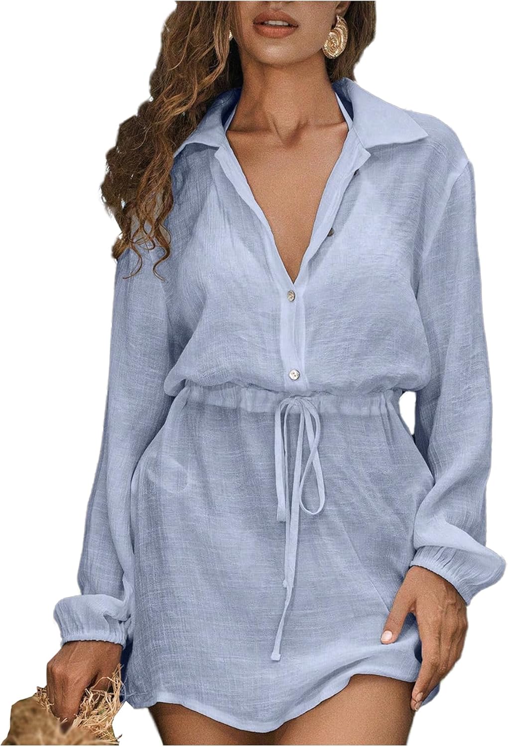 Verdusa Women's Button Up Beach Cover Up Dress Drawstring Waist Collared Dresses Summer Vacation Outfits