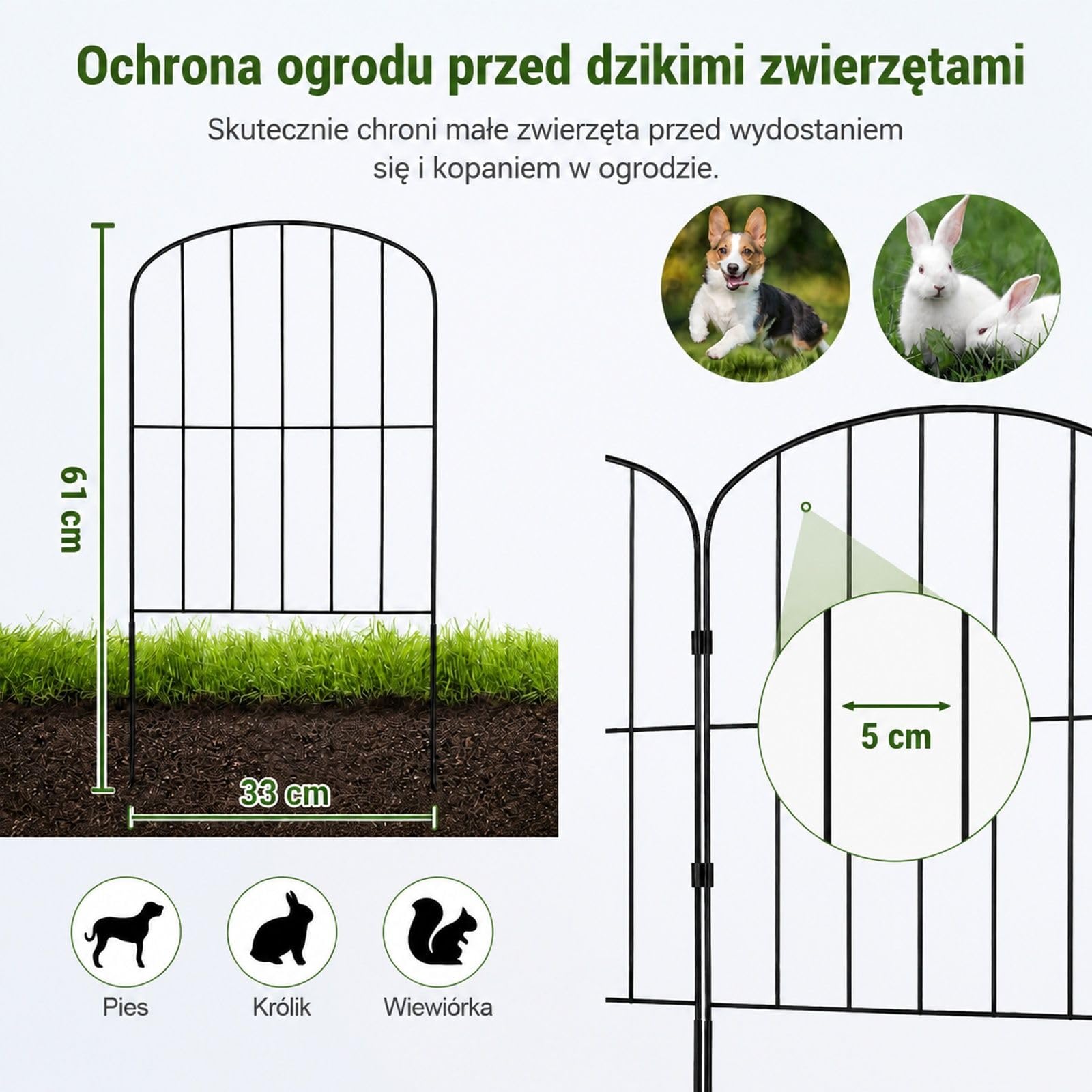 28-elementowe dekoracyjne ogrodzenie ogrodowe z czarnej stali węglowej, łukowe panele, montaż przez wbicie w podłoże