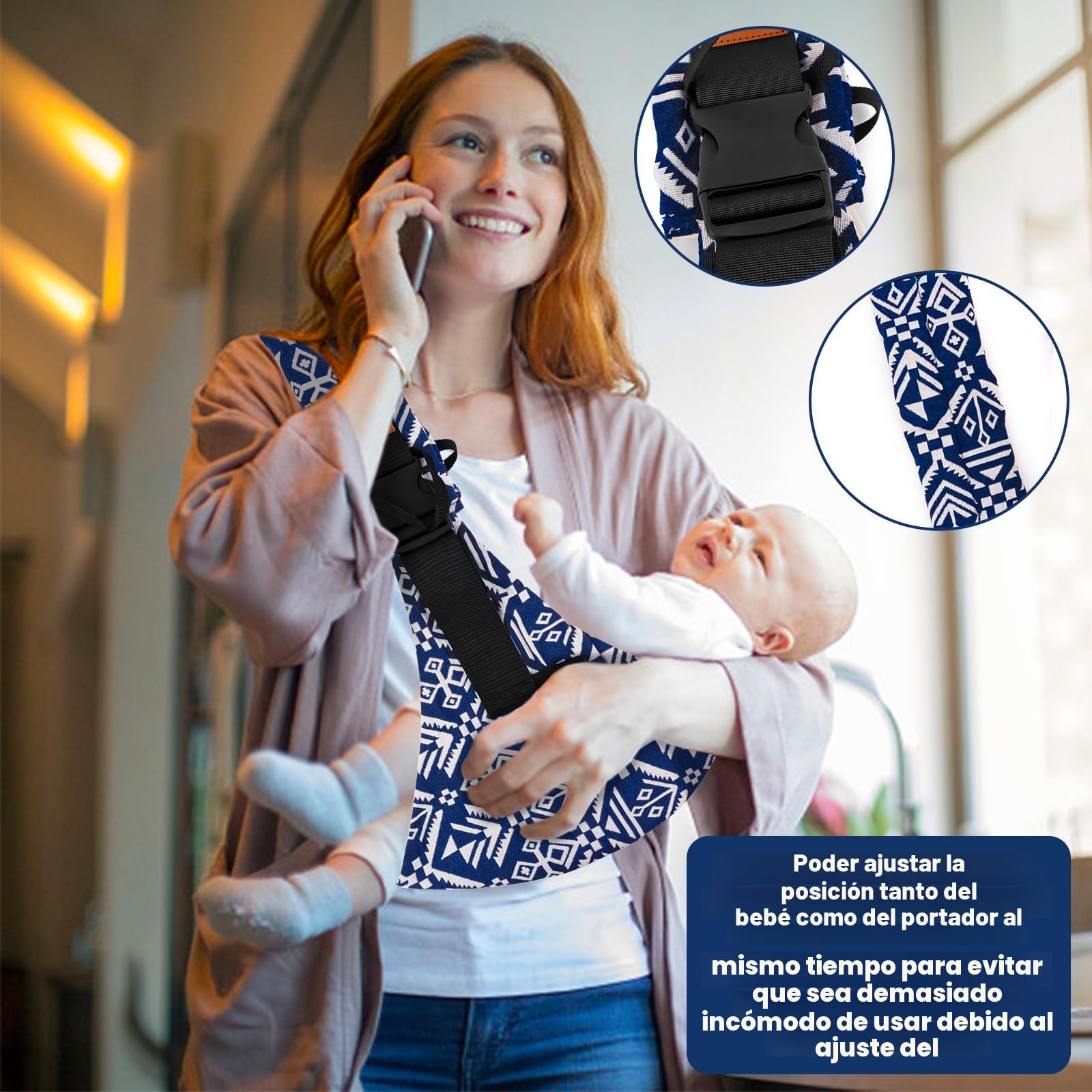Portabebés Portátil, Portador de Bebé, Ergonómico Portátil, Portabebés Elastico Ajustable para Bebés y Niños Pequeños de 0-36 Meses (azul y blanco)
