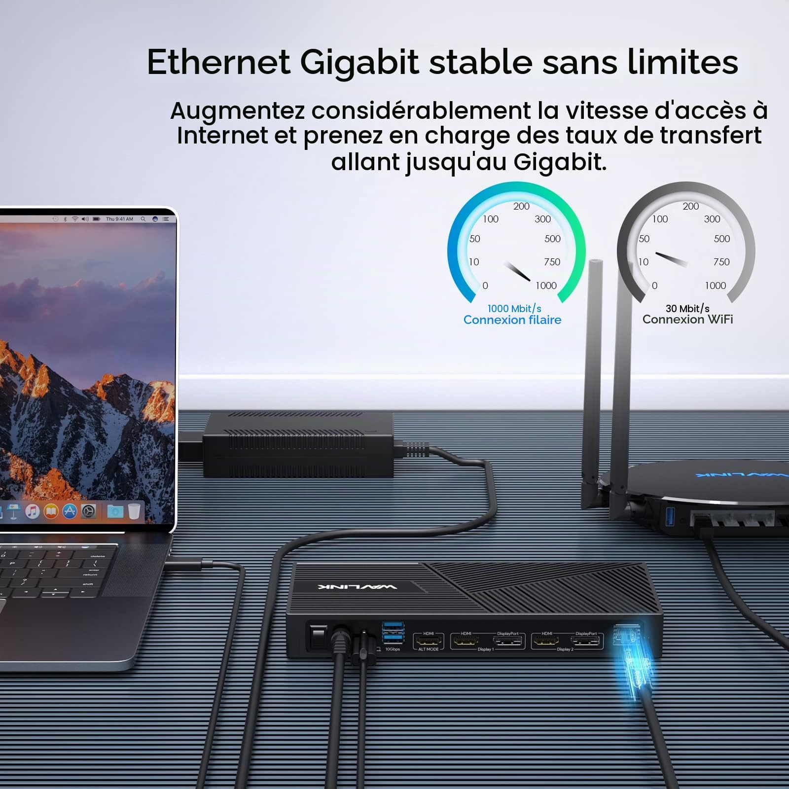 WAVLINK Station d'accueil DisplayLink USB-C 15 en 1, compatible avec MacBook Neo, Triple moniteurs 4K (3 x HDMI + 2 x DP), 100 W PD, 10 Gbit/s, Gigabit LAN, audio/micro, pour Windows et Mac (avec M1