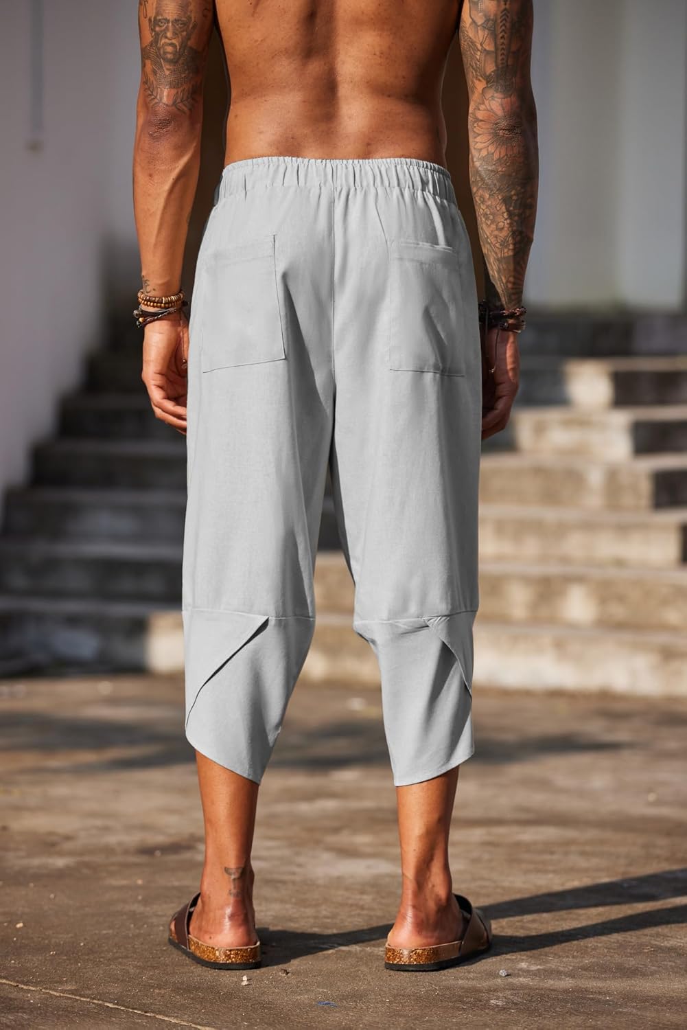 COOFANDY Men's Linen Harem Capri Pants Lightweight Loose 3/4 Shorts Drawstring Elastic Waist Casual Beach Boho Yoga Trousers - Image 4
