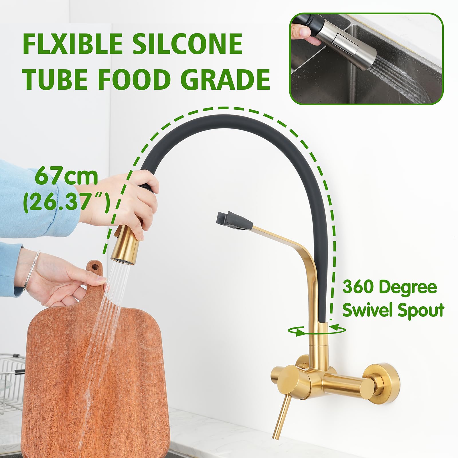 Grifo de montaje en pared con pulverizador lateral, acoplamiento magnético, manguera de silicona flexible, grifos de cocina de acero inoxidable para grifo de utilidad comercial (W-118-TD,