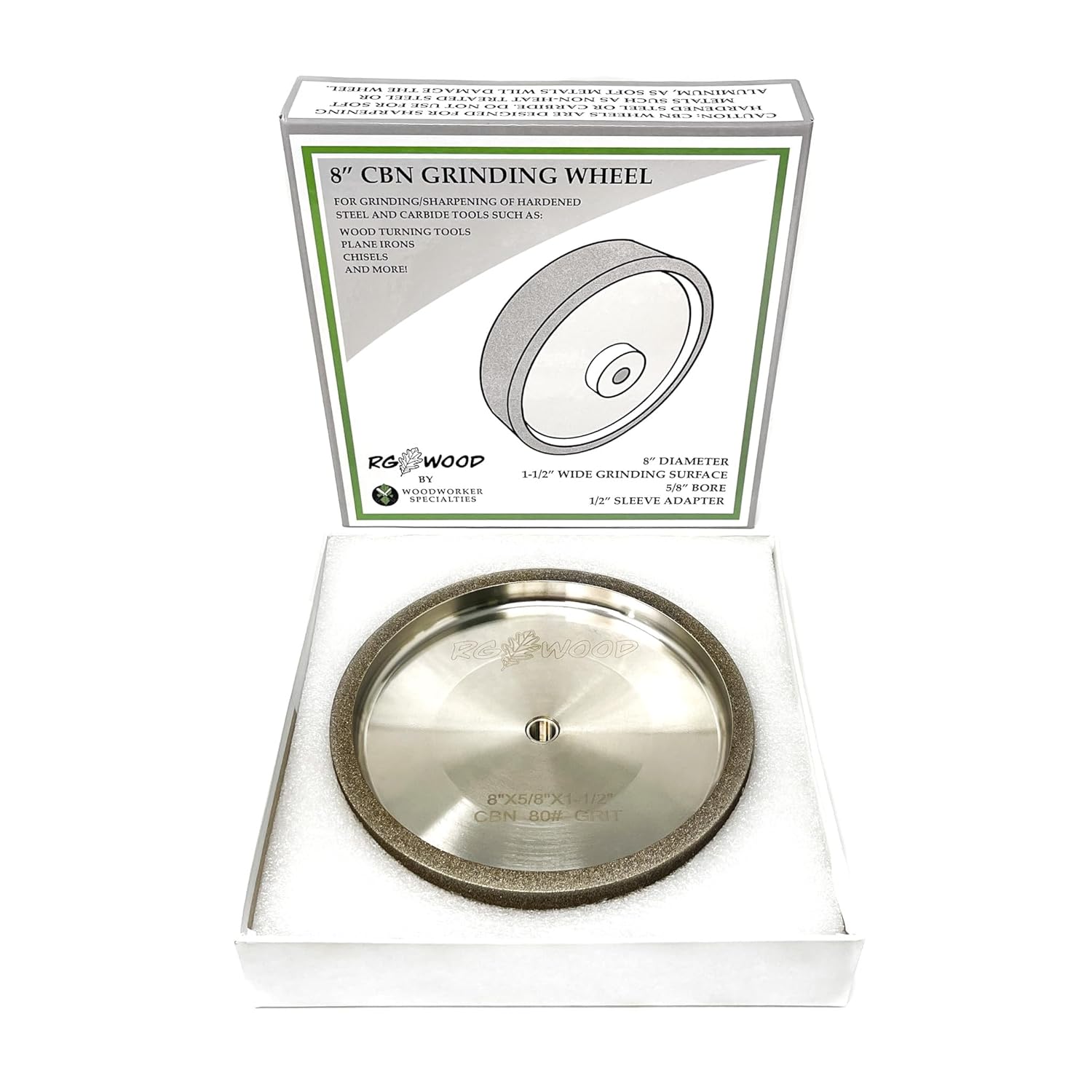 CBN8080 8" x 1.5" 80 Grit CBN Grinding Wheel with 5/8" Arbor (with 1/2" Adapter Sleeve), Tested and Adjusted for Balance