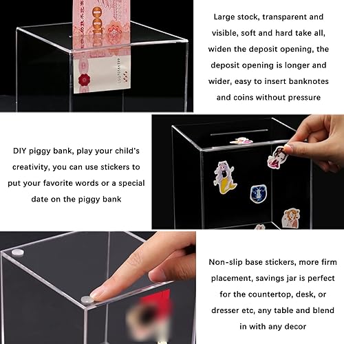 Miniatura 5 de LXBAMKEA Alcancía cajas de dinero para niños tarro cuadrado de acrílico transparente para ahorrar dinero para niños y adultos monedas billetes