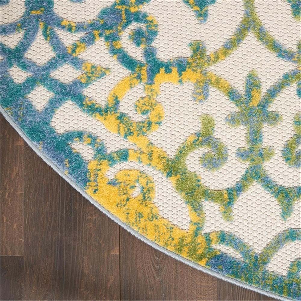 Pemberly Row Contemporary 4' Round Indoor/Outdoor Rug, Ivory Blue Polypropylene, Stain-Resistant Flat Woven, Vibrant Modern Design for Porch, Patio, or Living Room