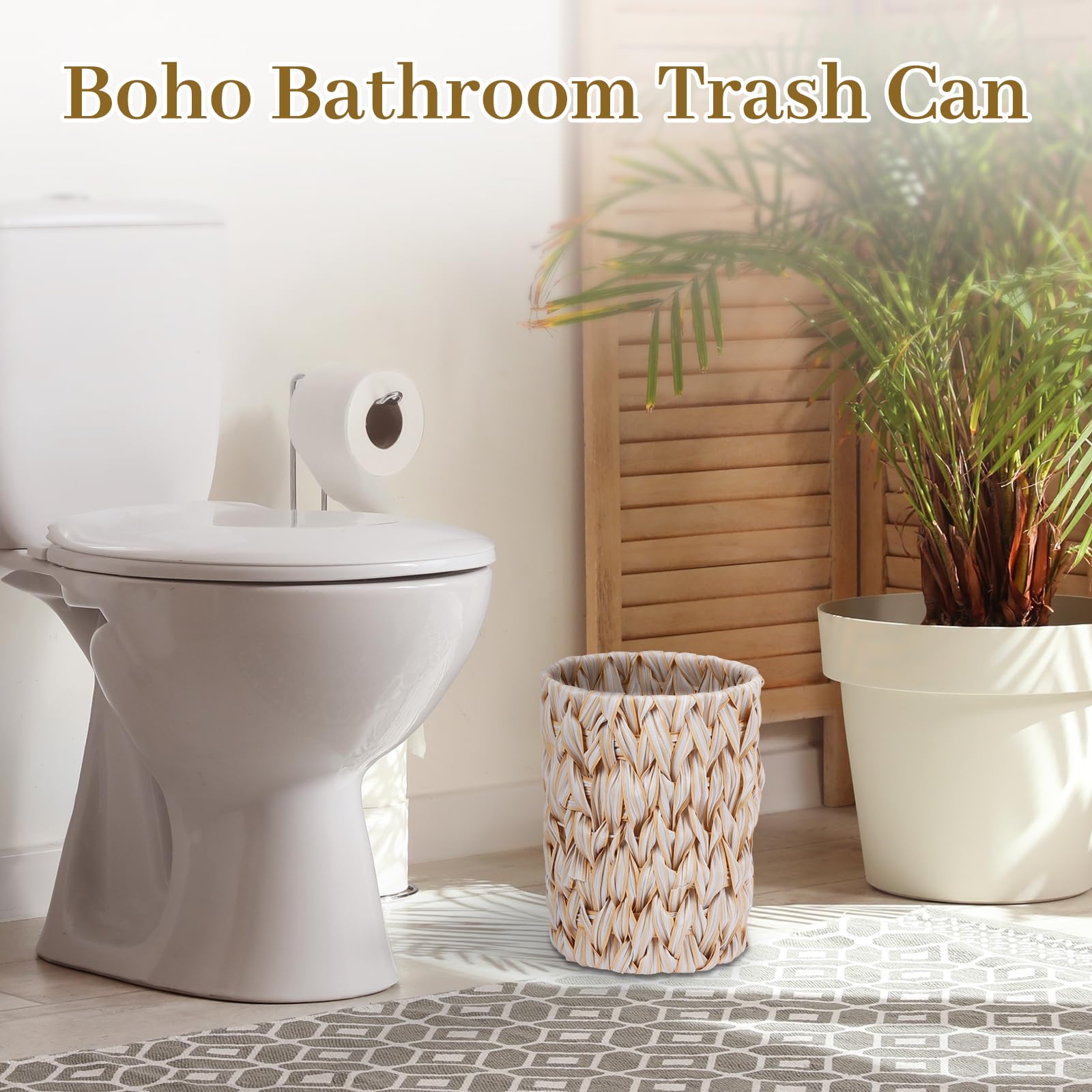 Boho Wicker Trash Can With Lid - Hand Woven Water Hyacinth Basket For Bathroom, Kitchen, Bedroom - View #4