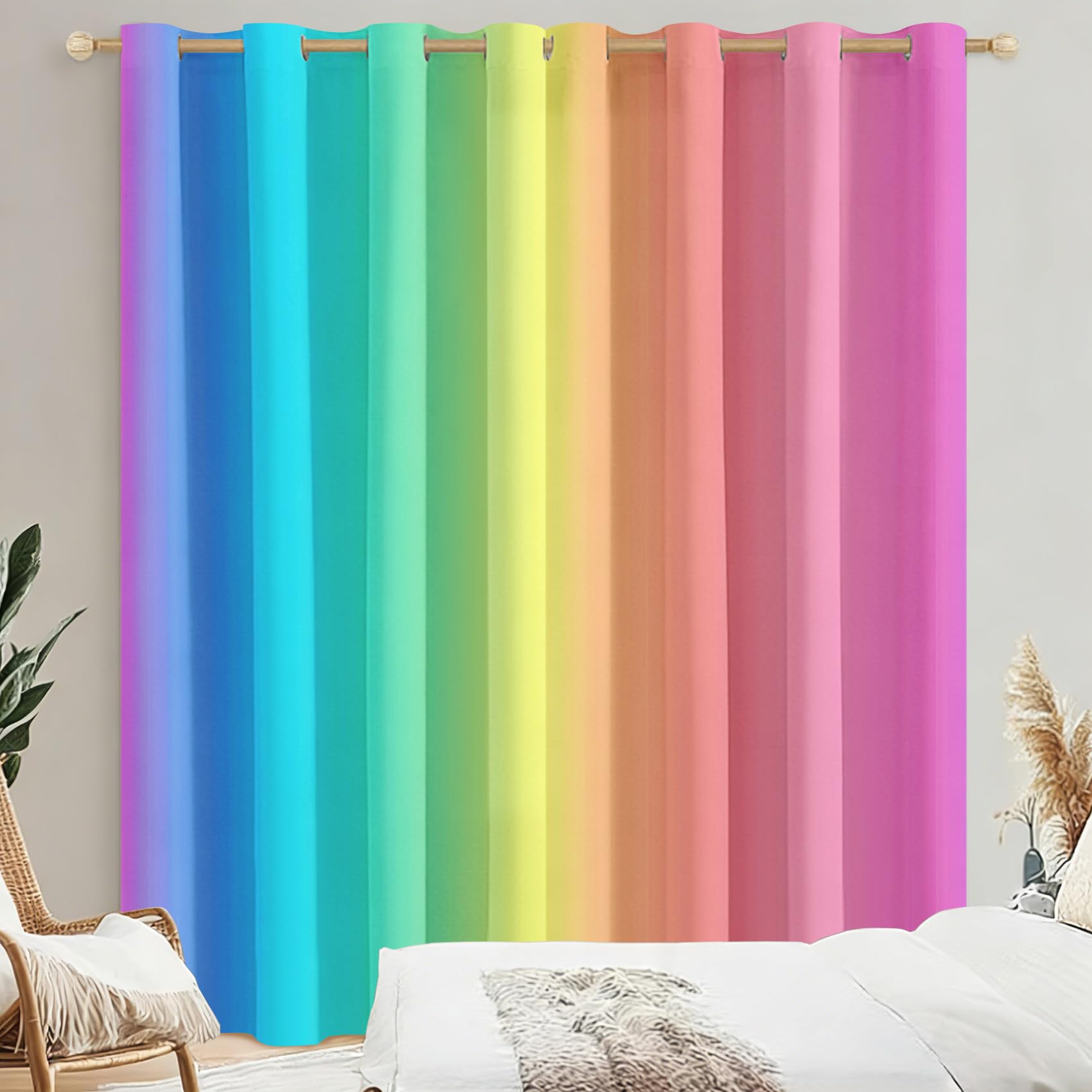 Colorful Gradient Curtains for Bedroom, Girls Rainbow Ombre Blackout Curtains for Living Room, 90 Drop Eyelet Window Treatments Home Decor 66 X 90 Inch (W X L), 2 Panels X&-173