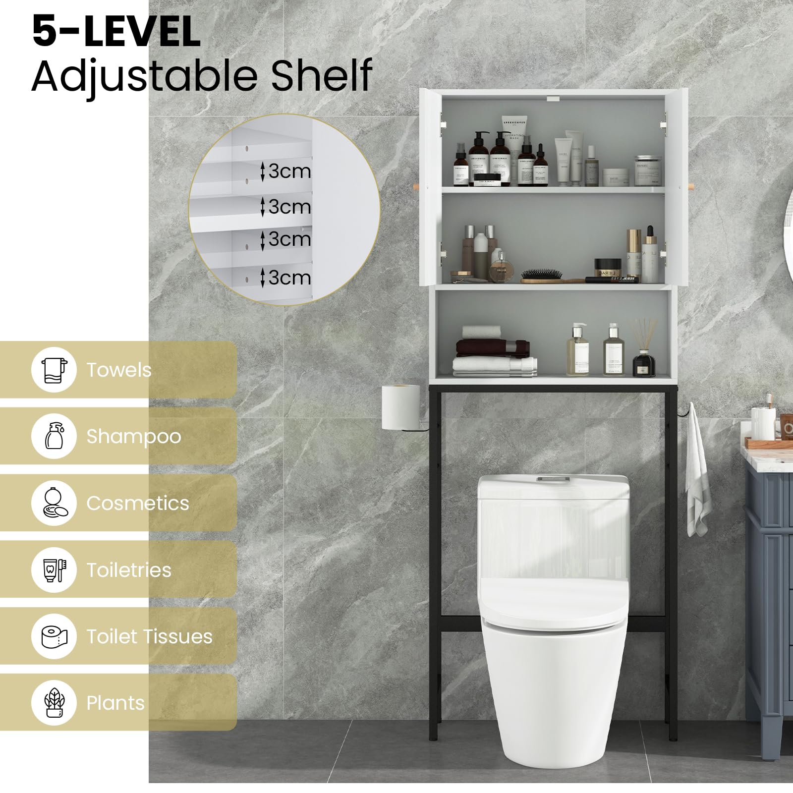LIFEZEAL Mobile sopra il WC Mensola indipendente per bagno con 2 porte, armadio da pavimento con ripiani regolabili e 2 ganci laterali, organizer sopra WC per lavanderia (bianco)