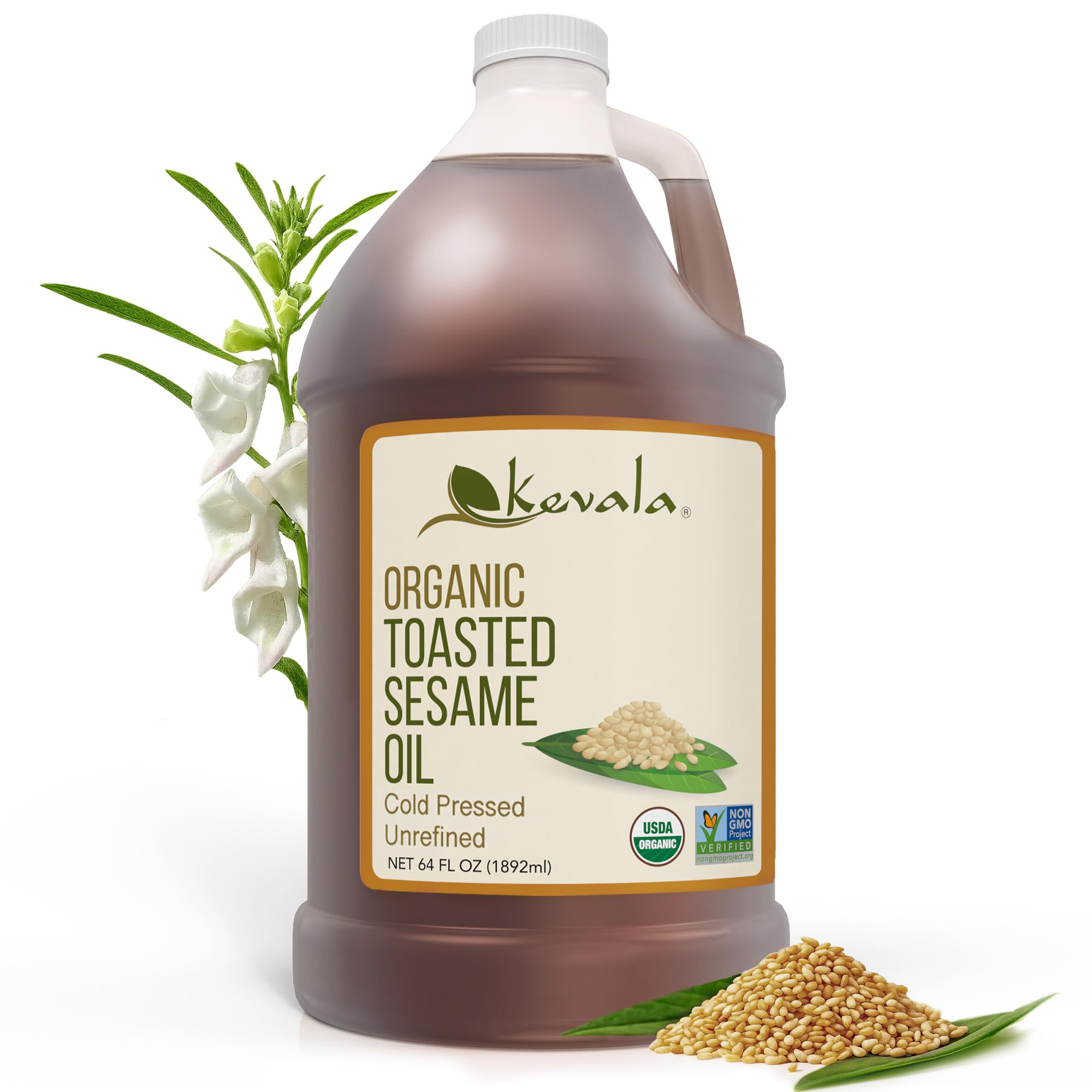 Kevala Organic Toasted Sesame Oil - 64 fl oz - 1/2 Gallon – Cold Pressed – Cooking Oil – Roasted Sesame Seeds - Unrefined