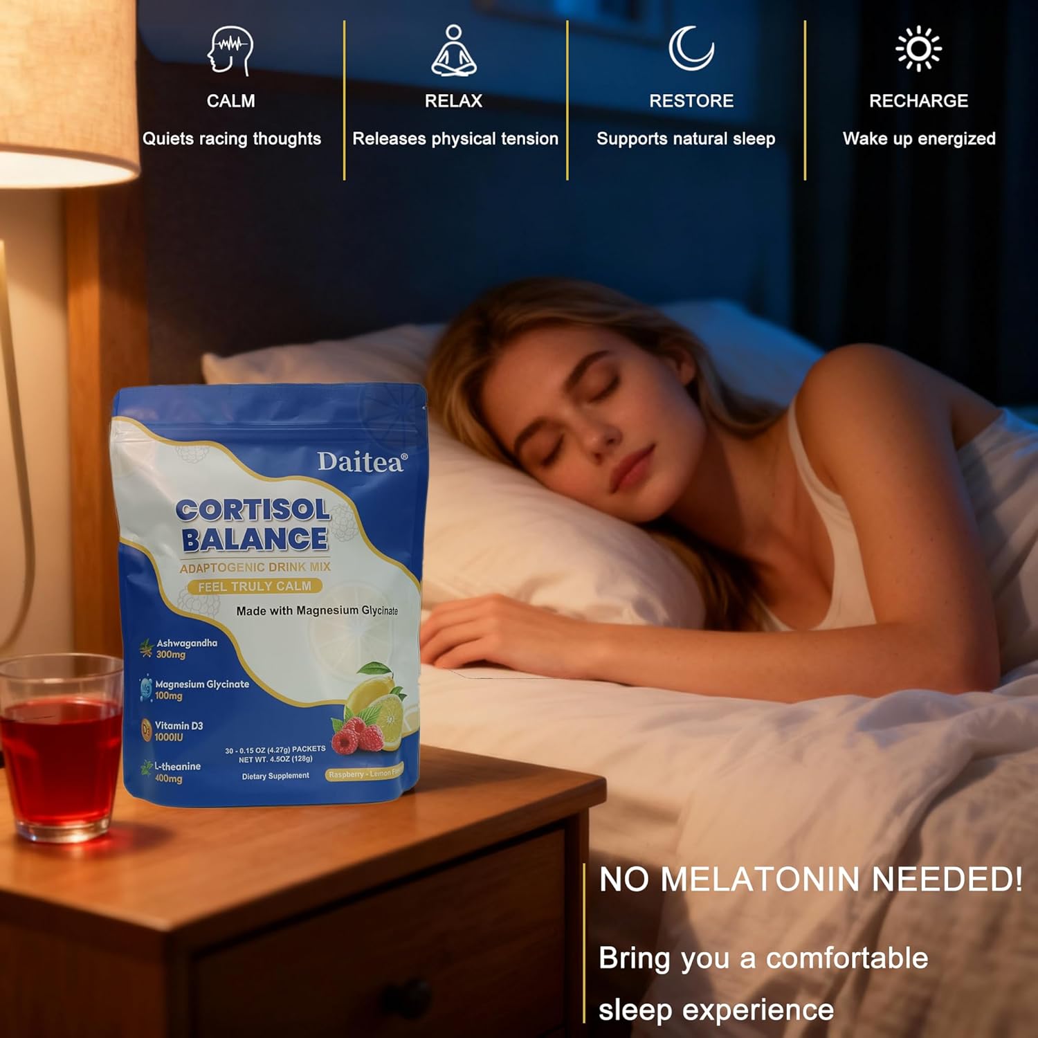 71jf592v1gL._AC_SL1500_ Cortisol Calm Drink Mix with Magnesium Glycinate Powder, L-Theanine, Vitamins, and Ashwagandha for Relaxation & Focus | Adaptogen Drink & Cortisol Support | 30 Packets (Raspberry & Lemon Flavor)