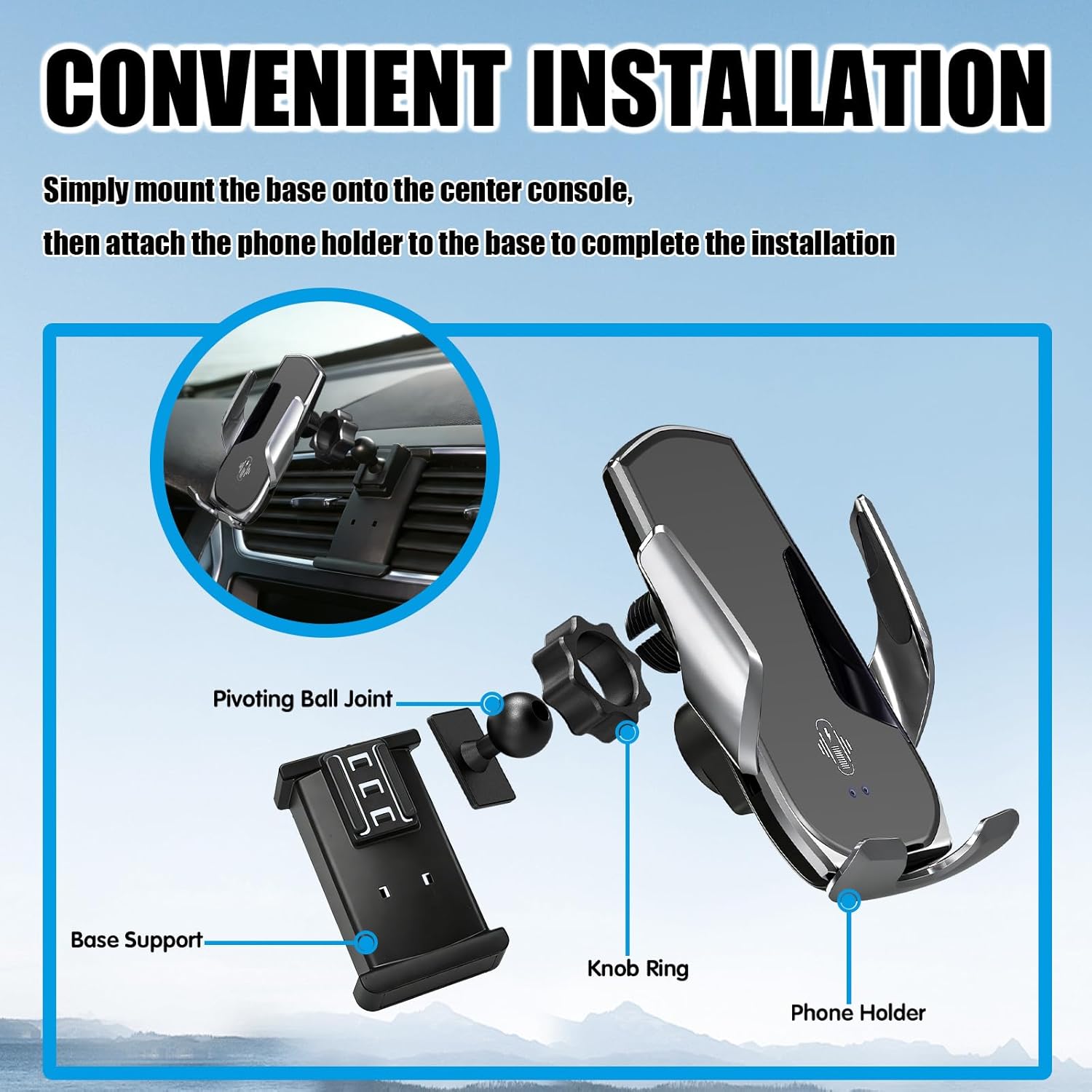 Car Phone Mount for Ford Explorer 2011–2018, 15W Wireless Fast Charging Auto-Clamping Vent Phone Holder, One-Hand Operation, Hands-Free, 360° Adjustable, Without Blocking Airflow