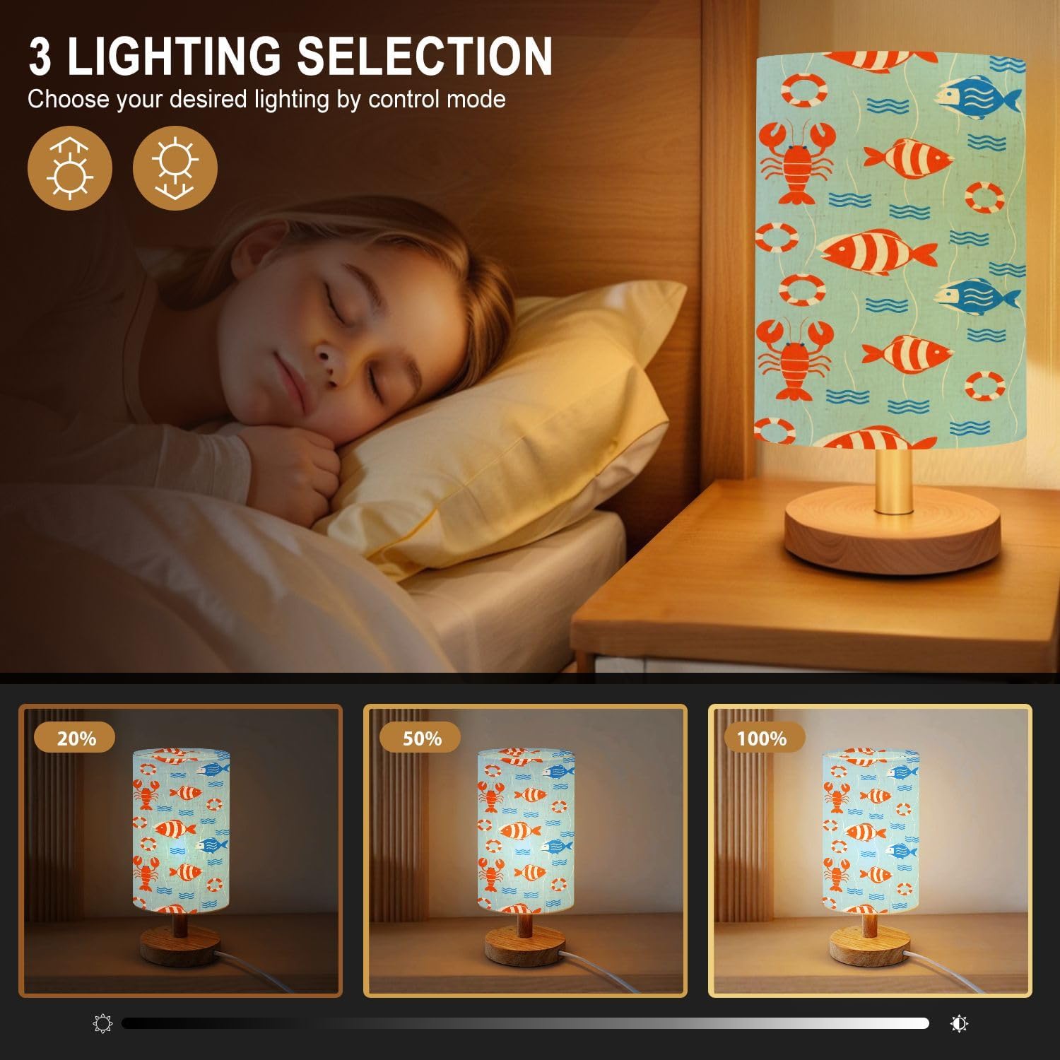 Marine Themed Colorful Fish Wood Base Bedside Table Lamp image 2