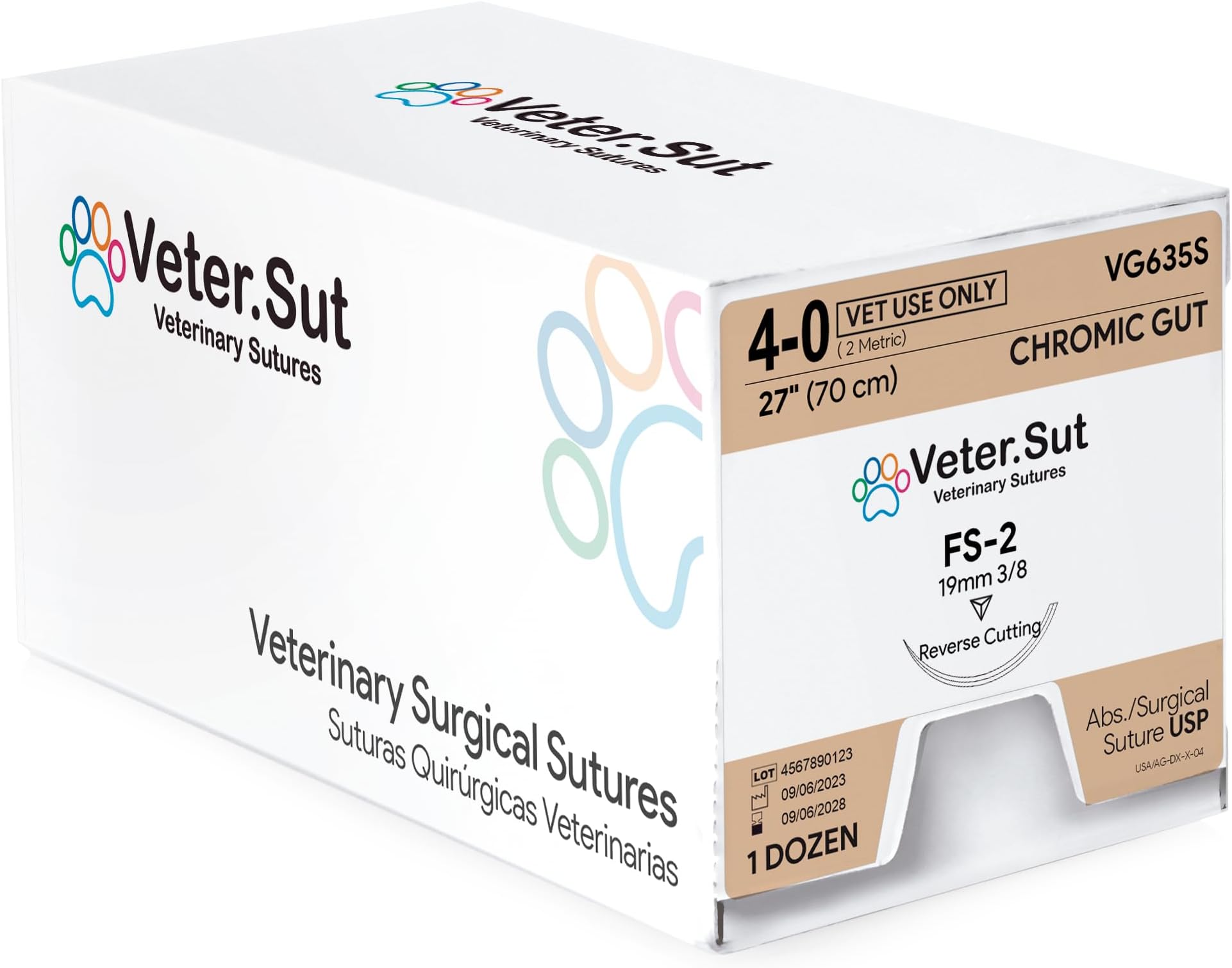VeterSut CHROMIC Gut Absorbable Surgical Suture USP Size 4-0, (FS-2) 3/8 19mm Reverse Cutting Needle, 28 Inches (70 cm), 12 Count, Veterinary Use