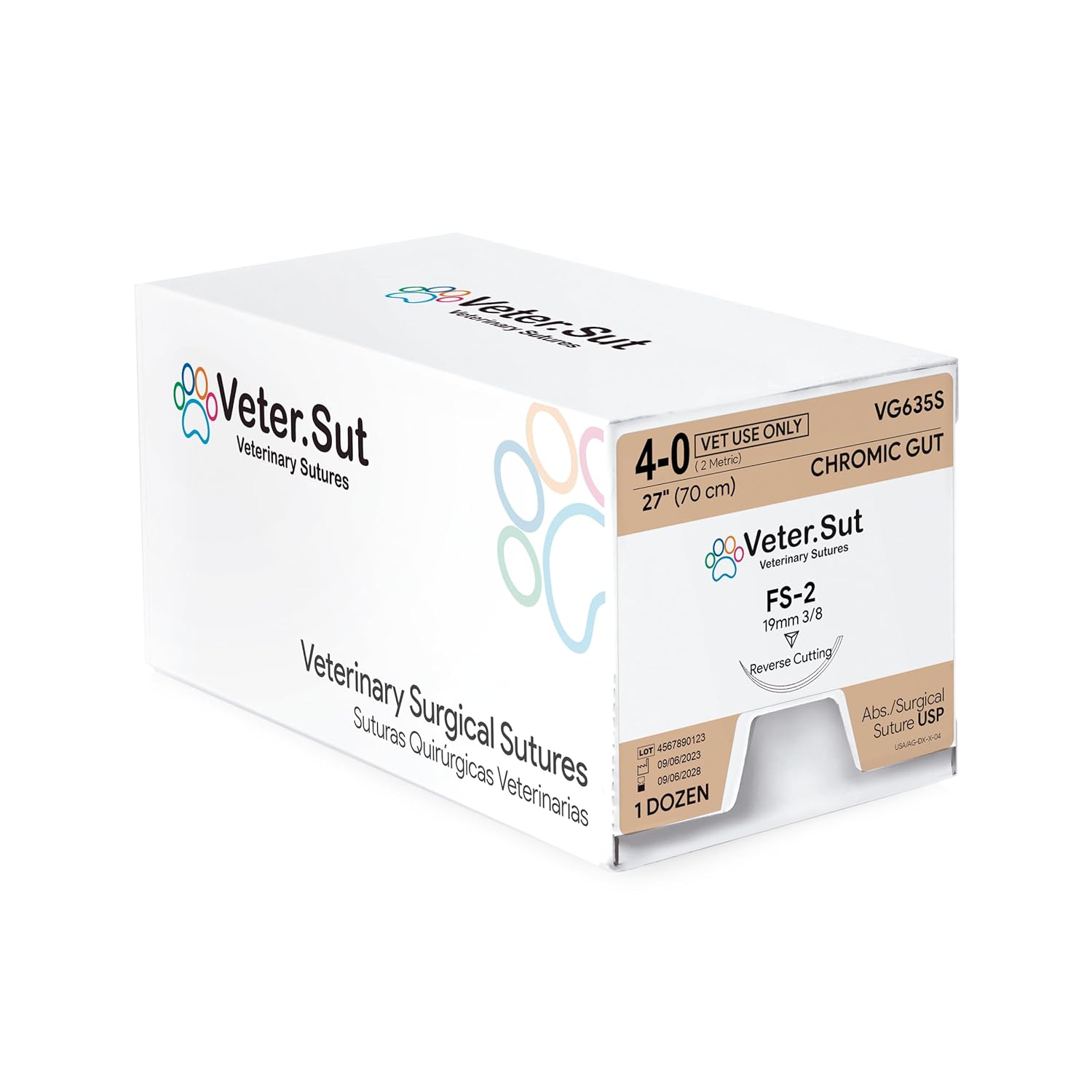 VeterSut CHROMIC Gut Absorbable Surgical Suture USP Size 4-0, (FS-2) 3/8 19mm Reverse Cutting Needle, 28 Inches (70 cm), 12 Count, Veterinary Use