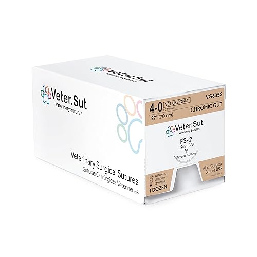 Miniatura 3 de Sutura quirúrgica absorbente intestinal VeterSut CHROMIC USP tamaño 4-0, (FS-2) 3/8 0.748 in aguja de corte inverso, 28 pulgadas (27.6 in), 12