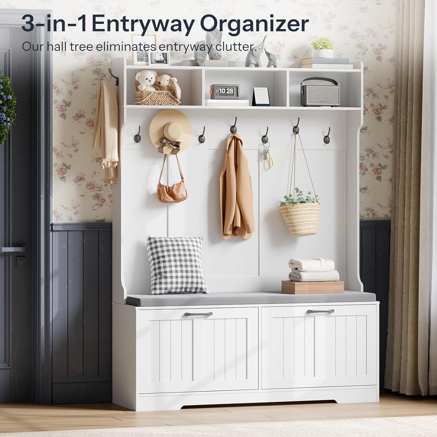 HOOBRO Hall Tree with Bench, 47'' Entryway Bench with Coat Rack and Shoe Cabinet, Flip-Down Cabinet Door, 3-in-1 Hall Tree with 9 Hooks, 3 Open Compartments and 2 Adjustable Shelves, White WT120MT01