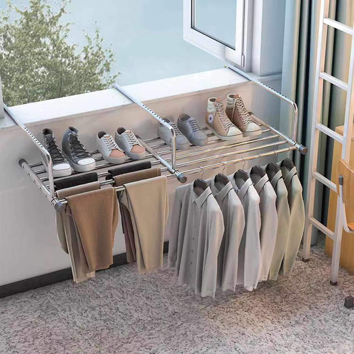 Extendable Wall-Mounted Clothes Airer Rack - Foldable Stainless Steel Drying Rack for Balcony, Windows, Radiators - Space-Saving Clothes Dryer for Indoor/Outdoor Use