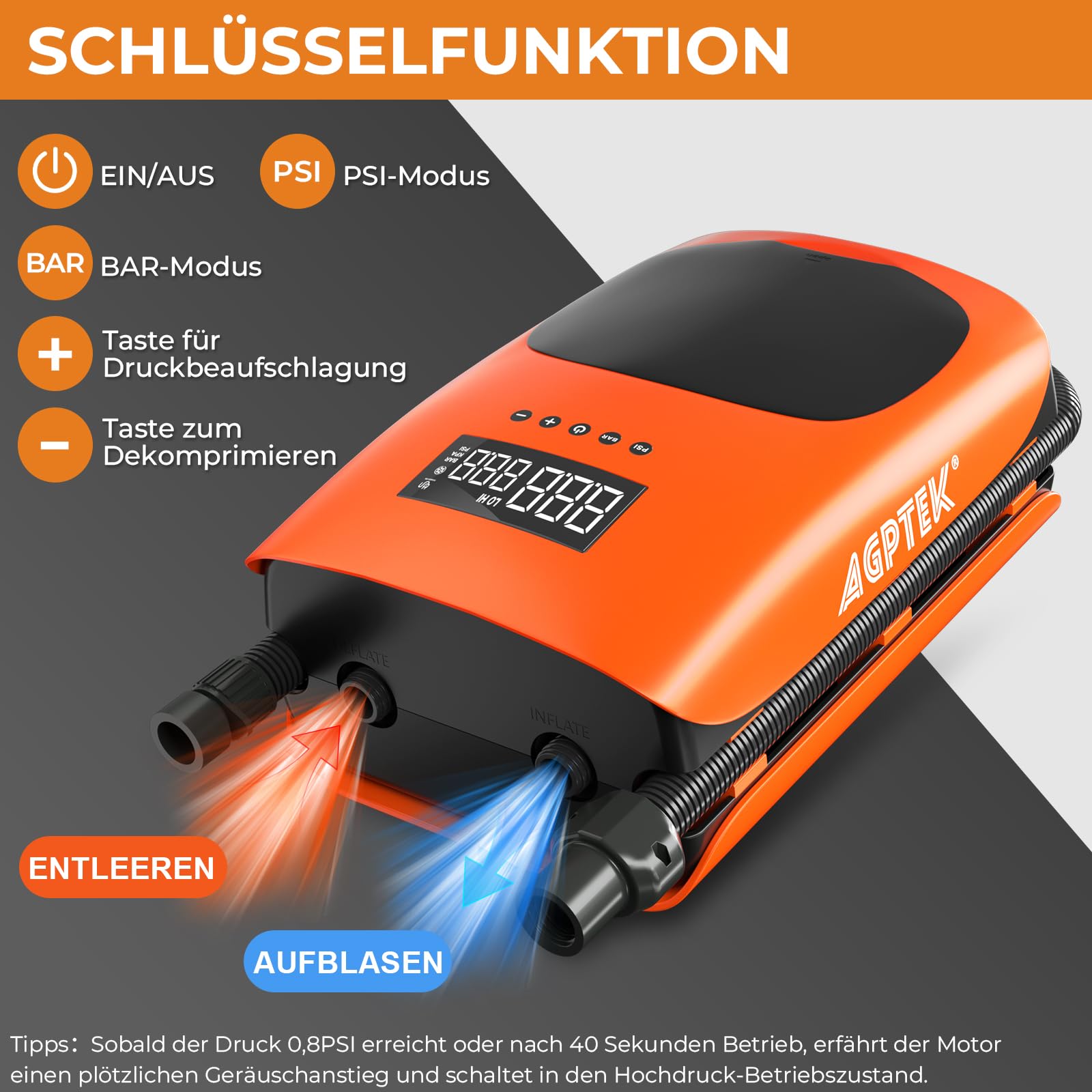 AGPTEK 22PSI SUP Pumpe Elektrisch, tragbare SUP Board Pumpe, Aufblas- und Entleerungsfunktion Auto-Off &12V DC Autoanschluss Zweistufig für aufblasbare Stand up Paddle Boards, Boote, Kajak