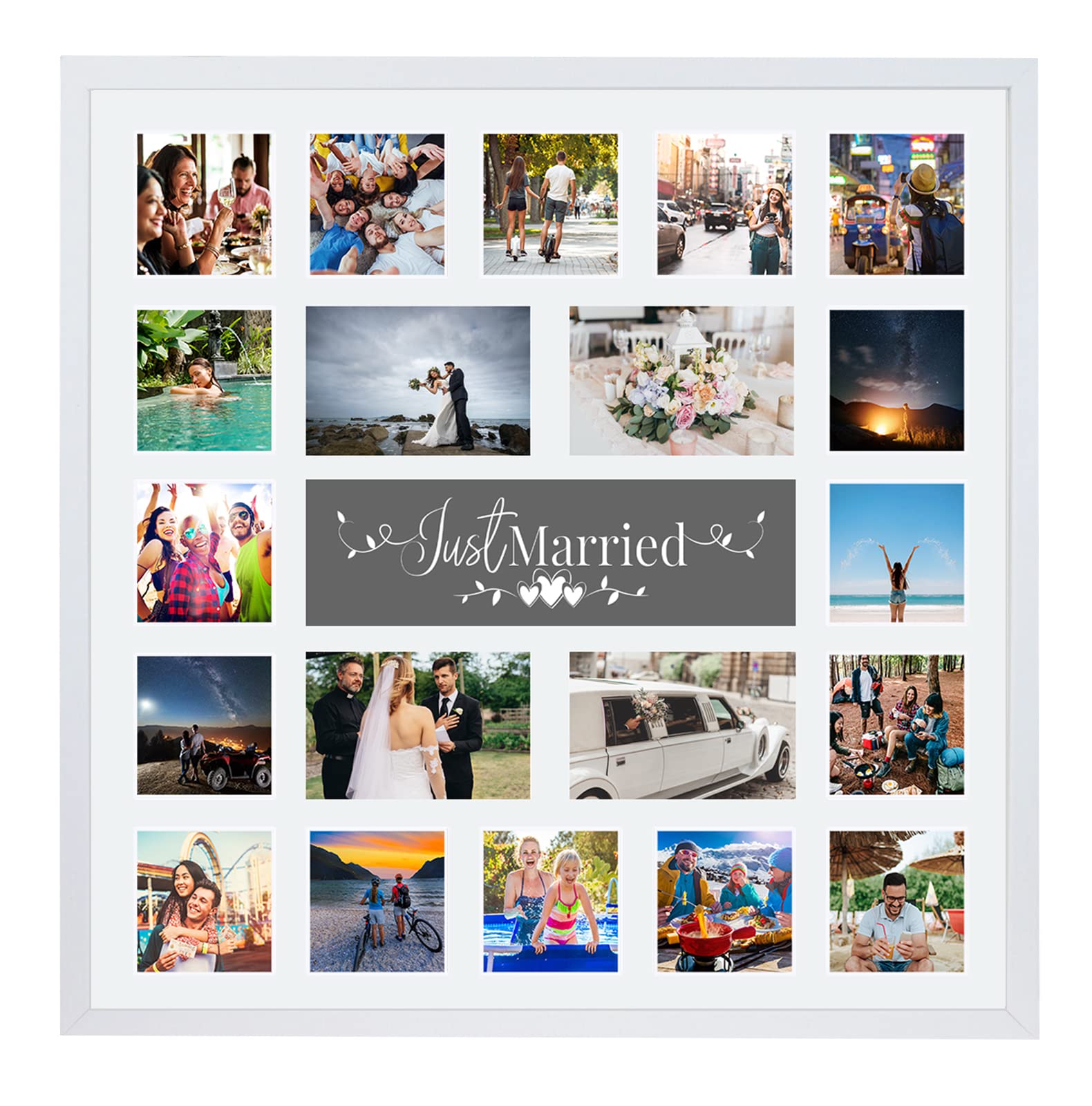 Large Multi Aperture Picture Photo Collage Frame, Colours and Designs (Just Married, White)
