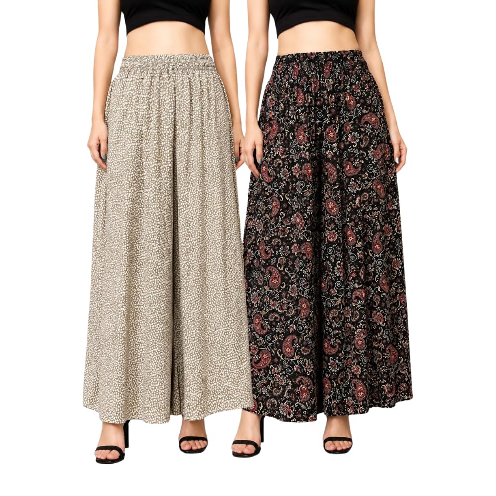 Women’s Palazzo Pants Combo Pack of 2 | Viscose Rayon Loose Fit Flared Plazzo Trousers for Women | Soft Comfortable Elastic Waist Casual Ethnic Lounge Wear(Cream & Black) | 2XL (2X_l)-picture-53