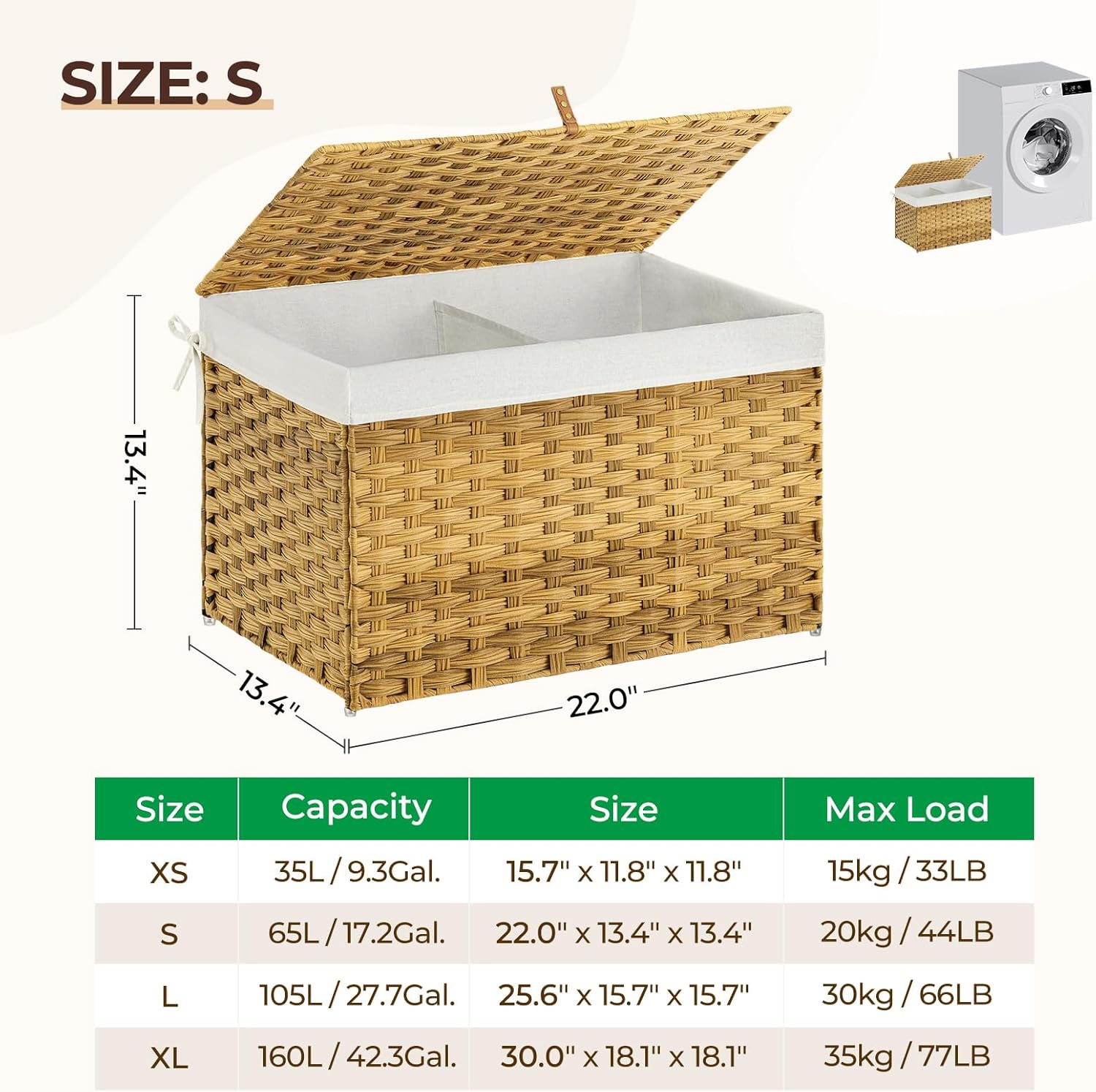 greenstell storage basket with lid, 17.2 gallon(65l) small wicker blanket storage basket with handles, foldable, 2 removable liner bags, metal frame, for bedroom, laundry room, natural 65l: 22.2*13.4*13.4 inches natural