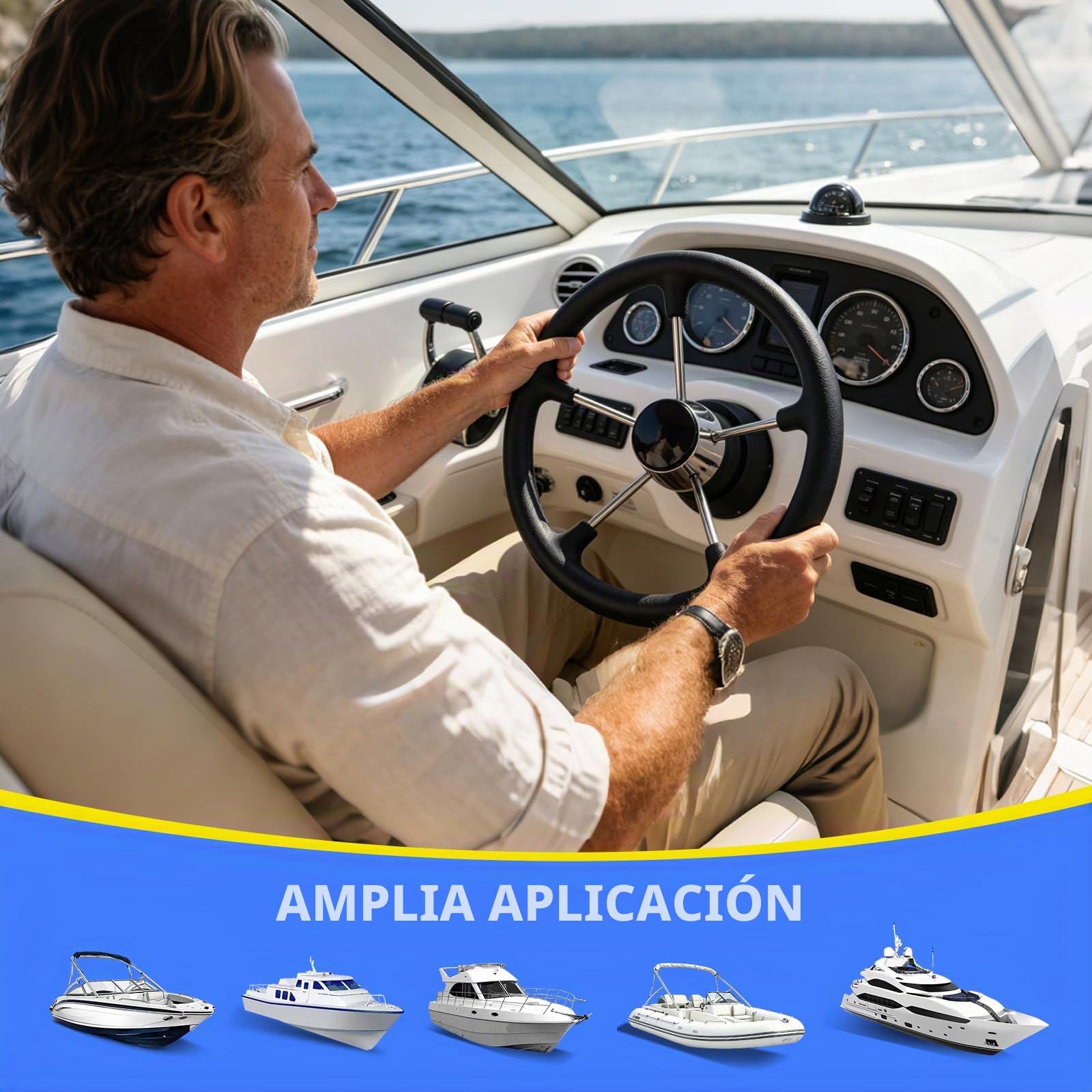 Geloo Volante de Acero Marino Inoxidable con Espuma Sintética Negra 5 radios 13-1/2" Antideslizante y Antisudor para Bote Yate Lancha Rápida