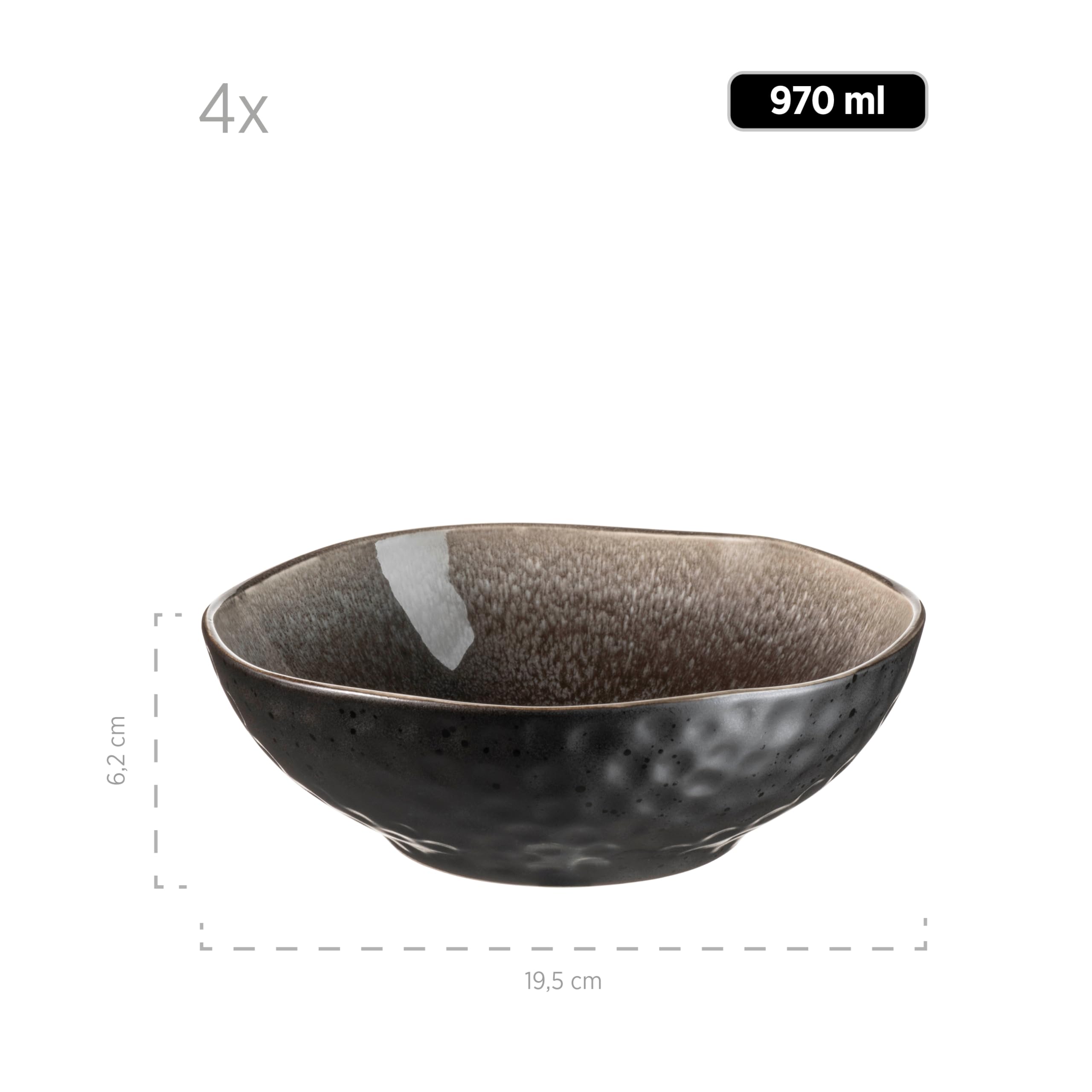 MÄSER 934072 Serie Niara Organic, moderno juego de cuencos para 4 personas en emocionante aspecto vintage, juego de 9 cuencos con combinación especial de esmalte en negro y marrón, gres
