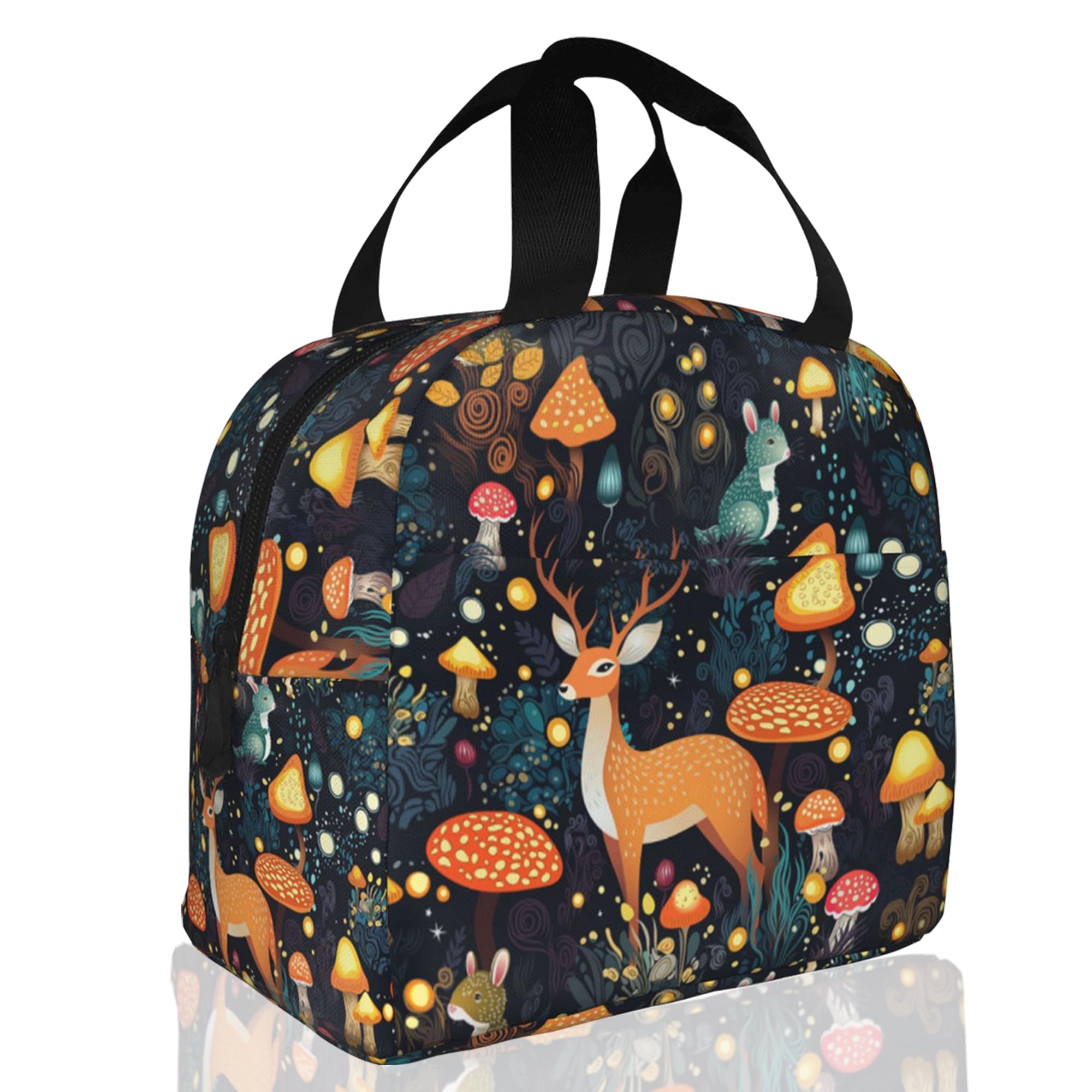 Insulated Lunch Bag,Forest With Mushrooms,Deer Lunch Box for School Student Kids Boys Girls,Leakproof Small Lunch Tote for Adult Men Women,Reusable