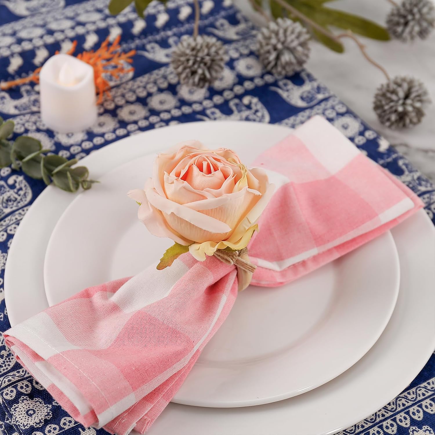 Flower Napkin Rings Set of 8, Handmade Rose Napkin Holder with Wooden Buckles for Dinners Table Decoration