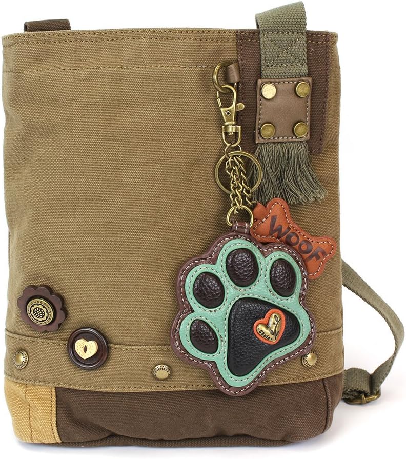 CHALA Patch Cross-Body Women Handbag, Canvas Messenger Bag - Teal Paw Print Olive